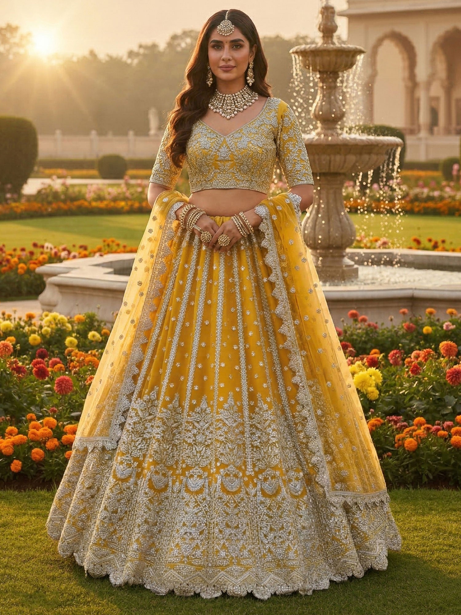 Yellow Wedding Net Lehenga Choli With Dupatta