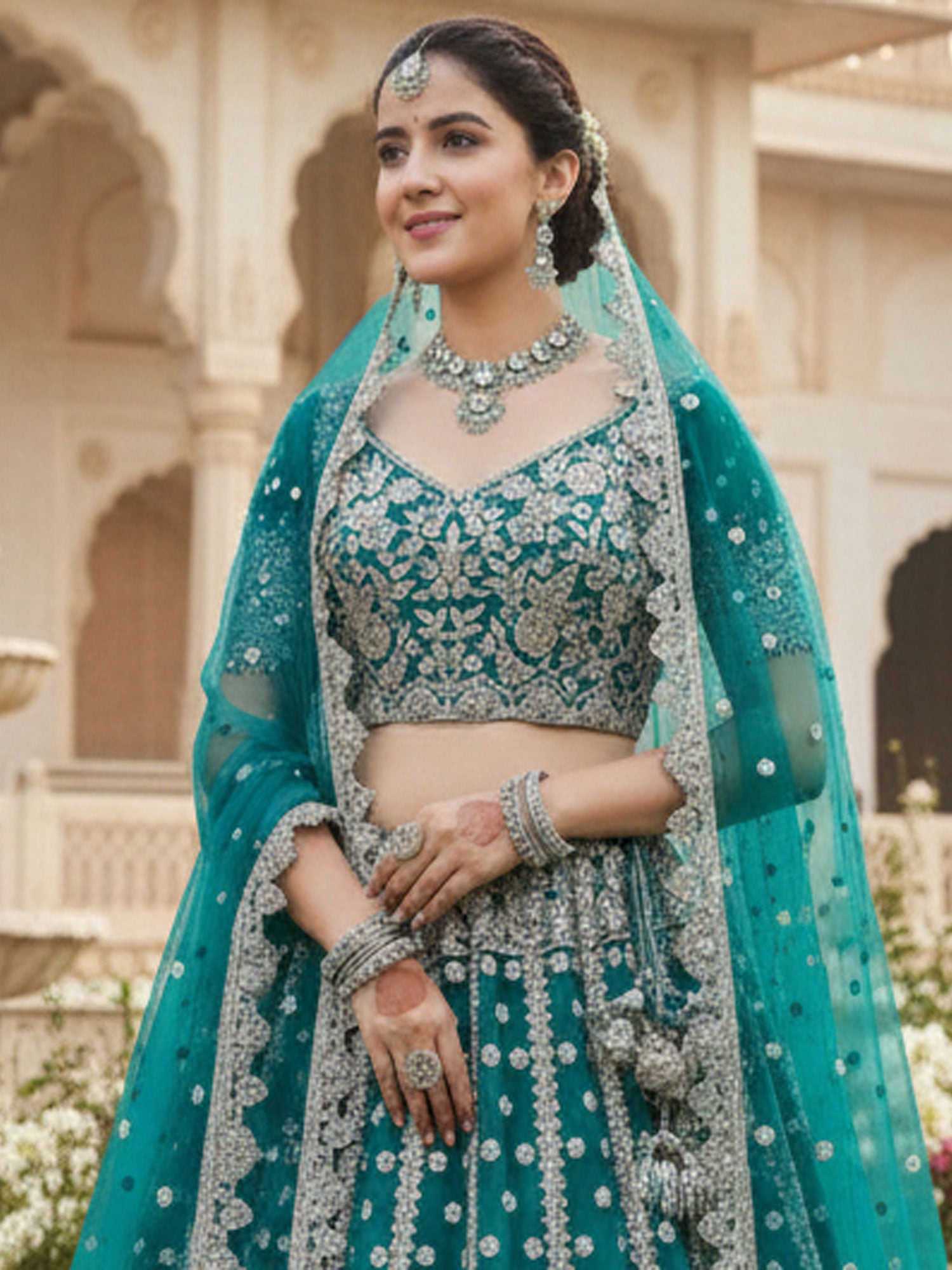 Turquoise Bridesmaid Lehenga Choli In Heavy Embroidery