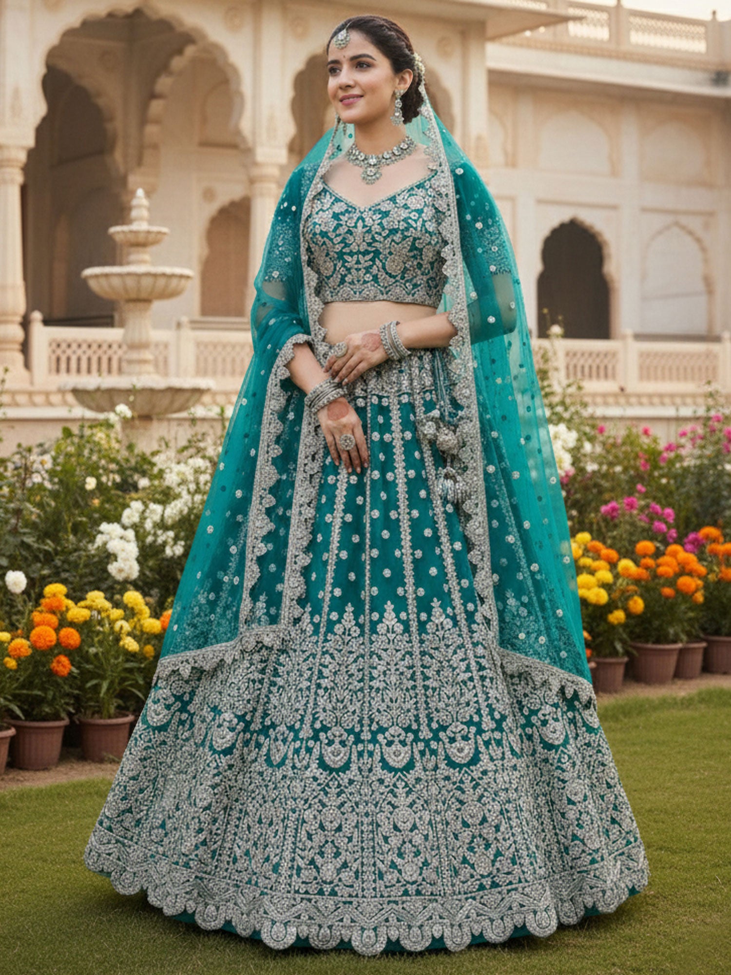 Turquoise Bridesmaid Lehenga Choli In Heavy Embroidery