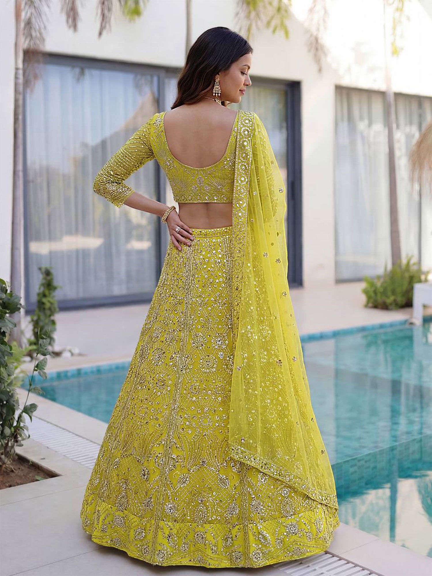 Lemon Yellow Party Wear Lehenga Set In Net