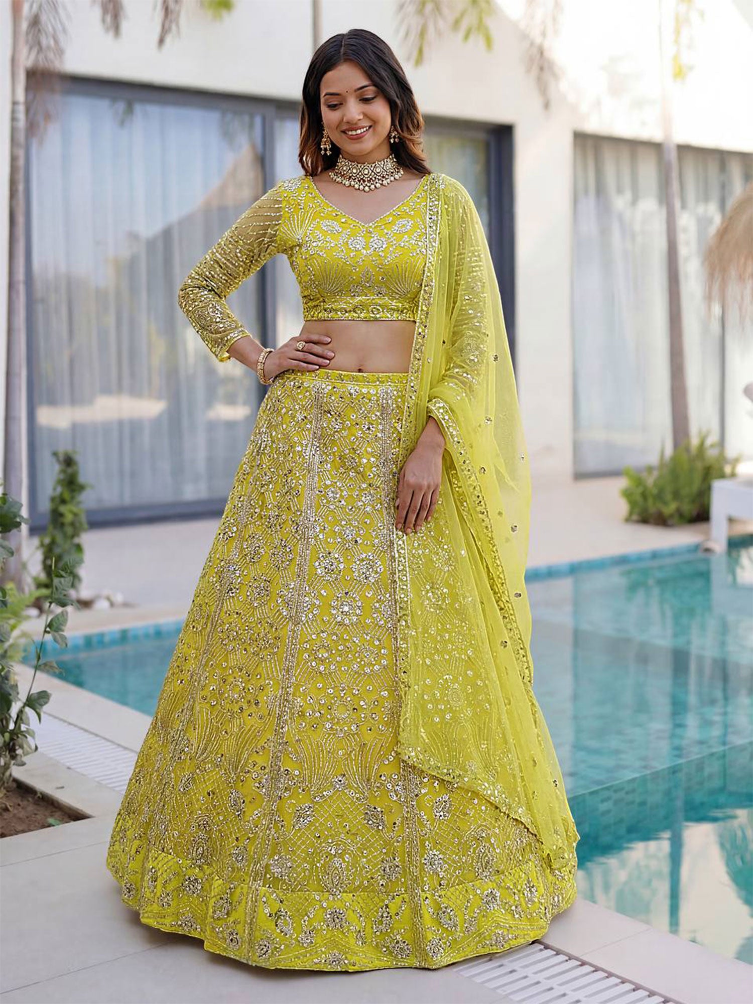 Lemon Yellow Party Wear Lehenga Set In Net