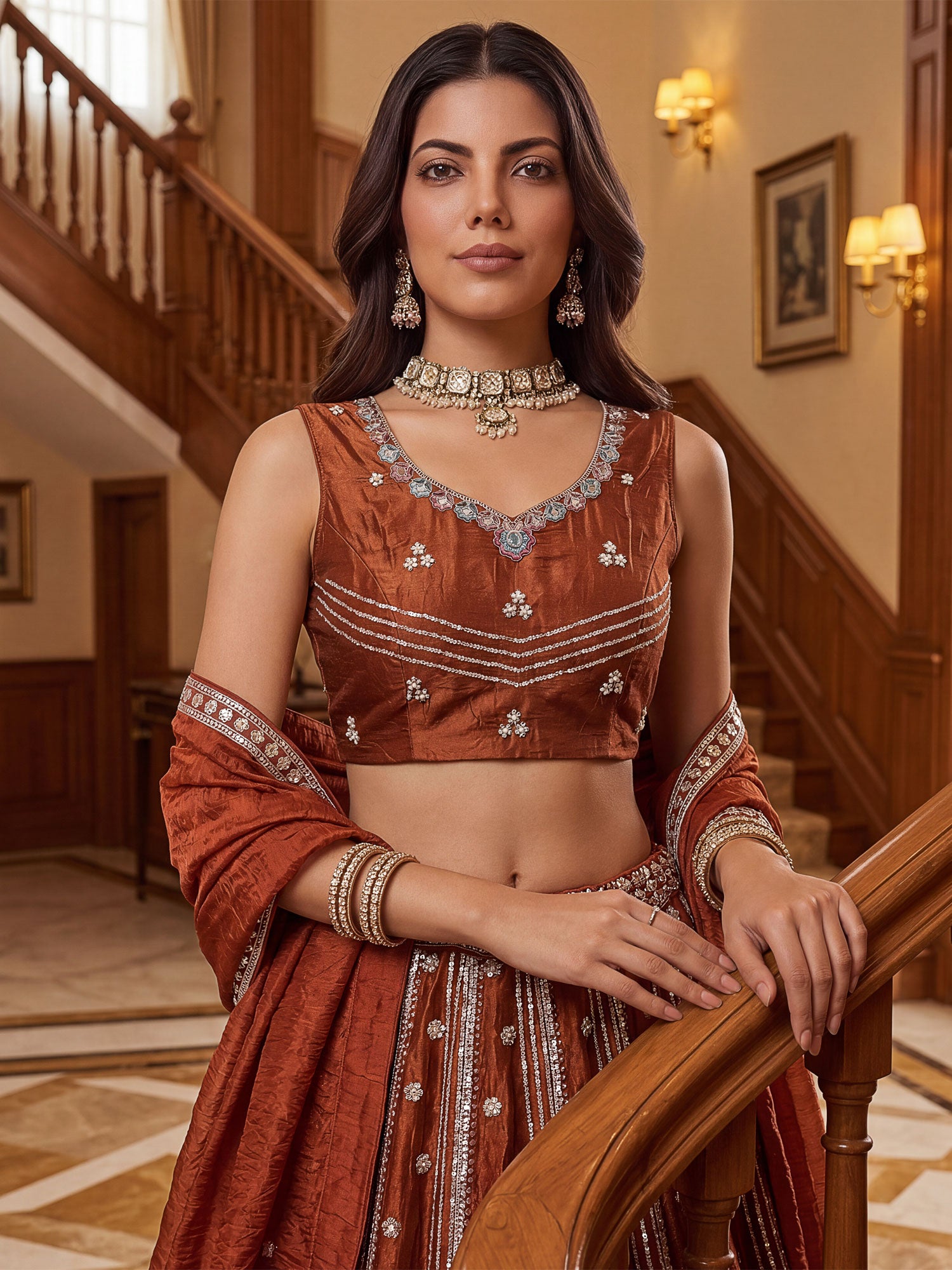 Rust Party Wear Lehenga Set In Organza Silk