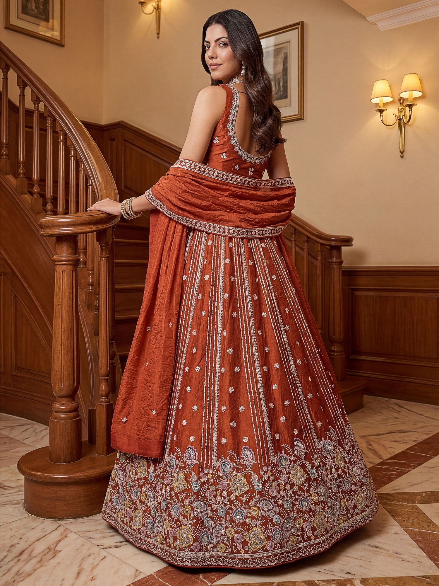 Rust Party Wear Lehenga Set In Organza Silk