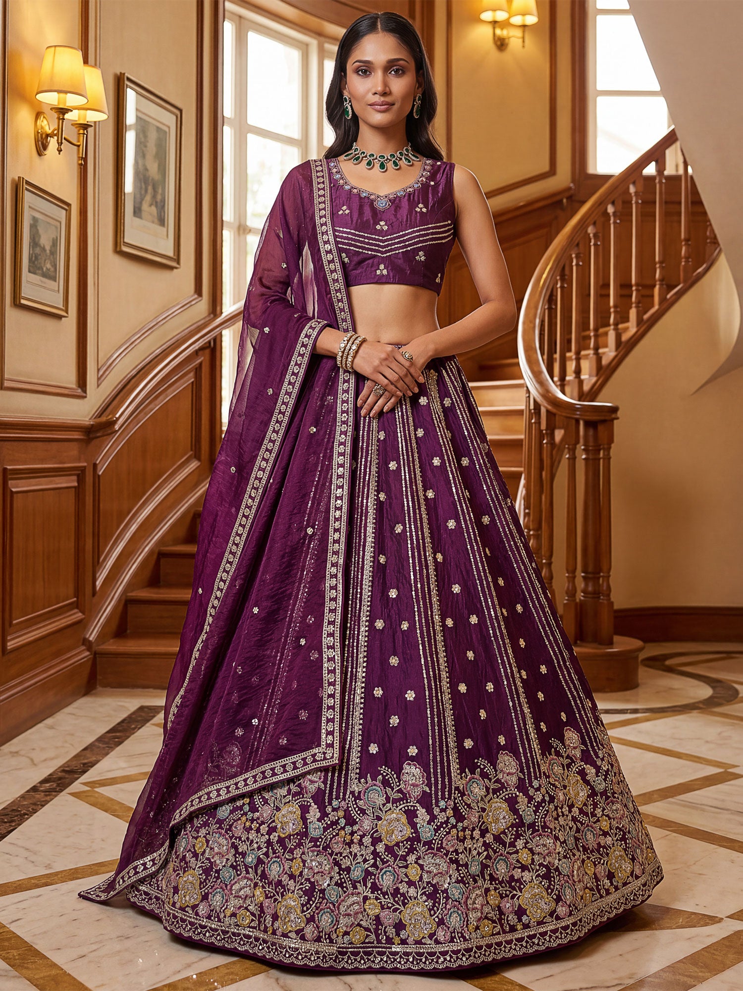 Deep Purple Organza Silk Festive Lehenga Set