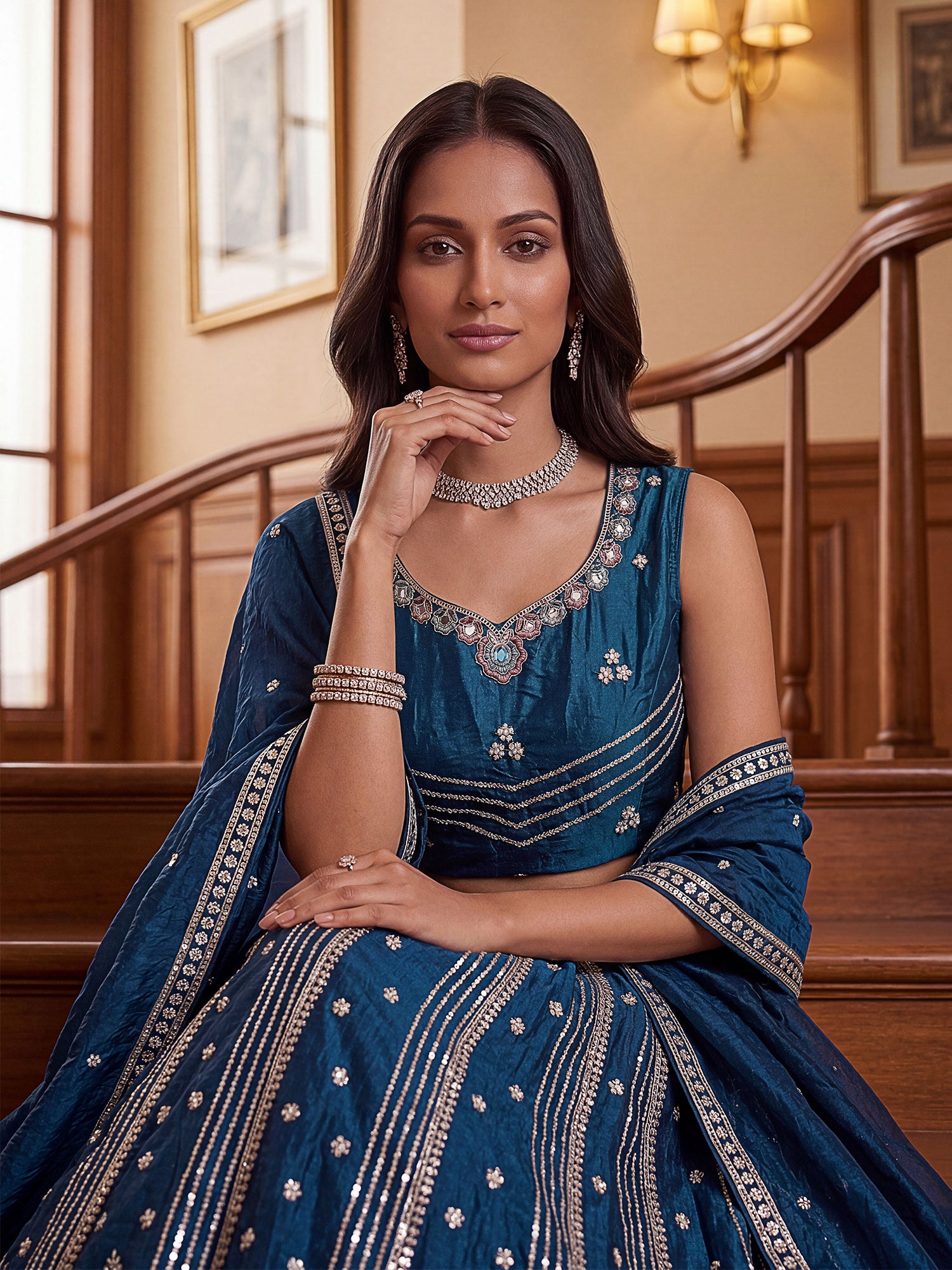 Blue Floral Thread Work Silk Lehenga Choli