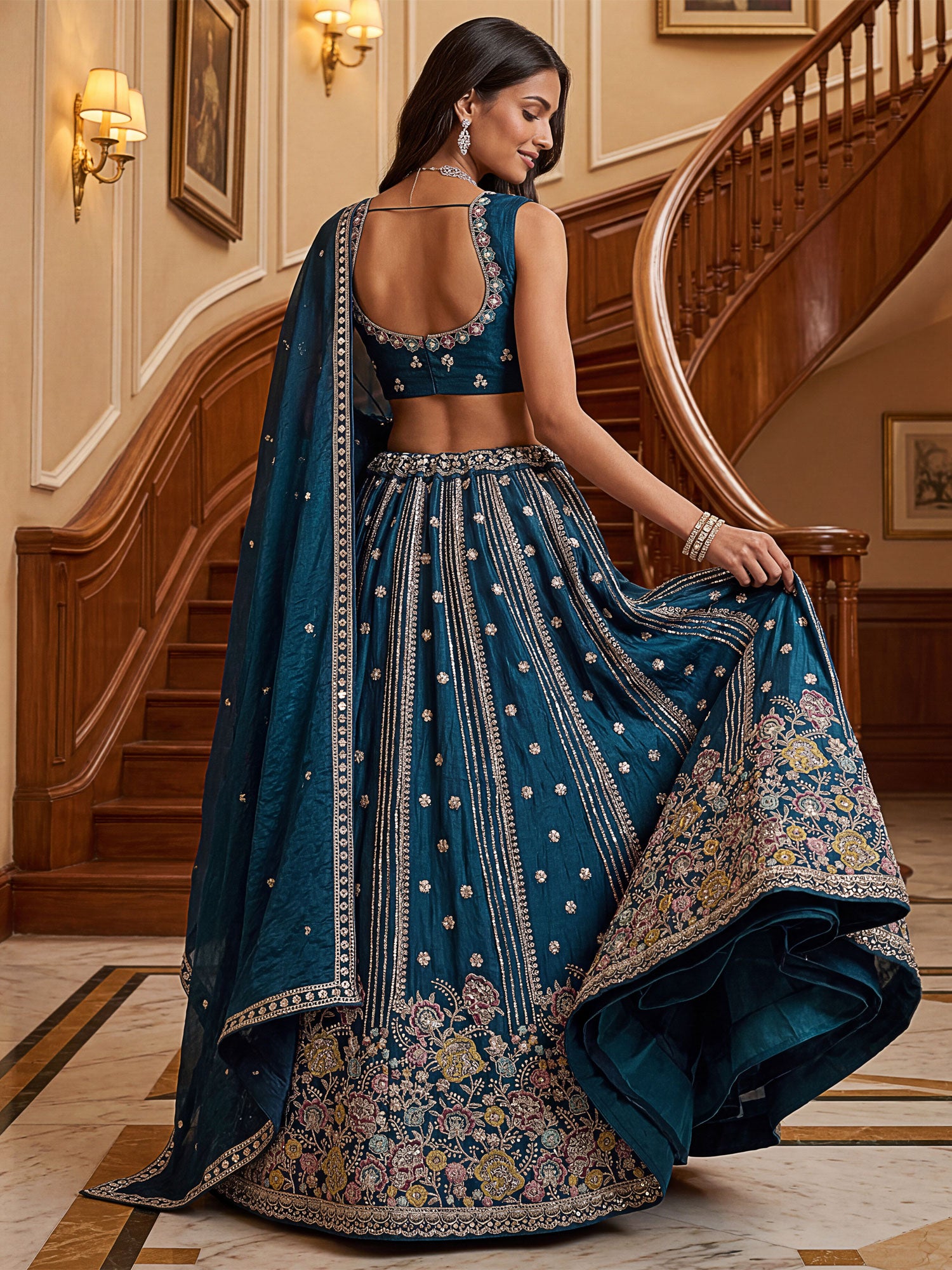 Blue Floral Thread Work Silk Lehenga Choli