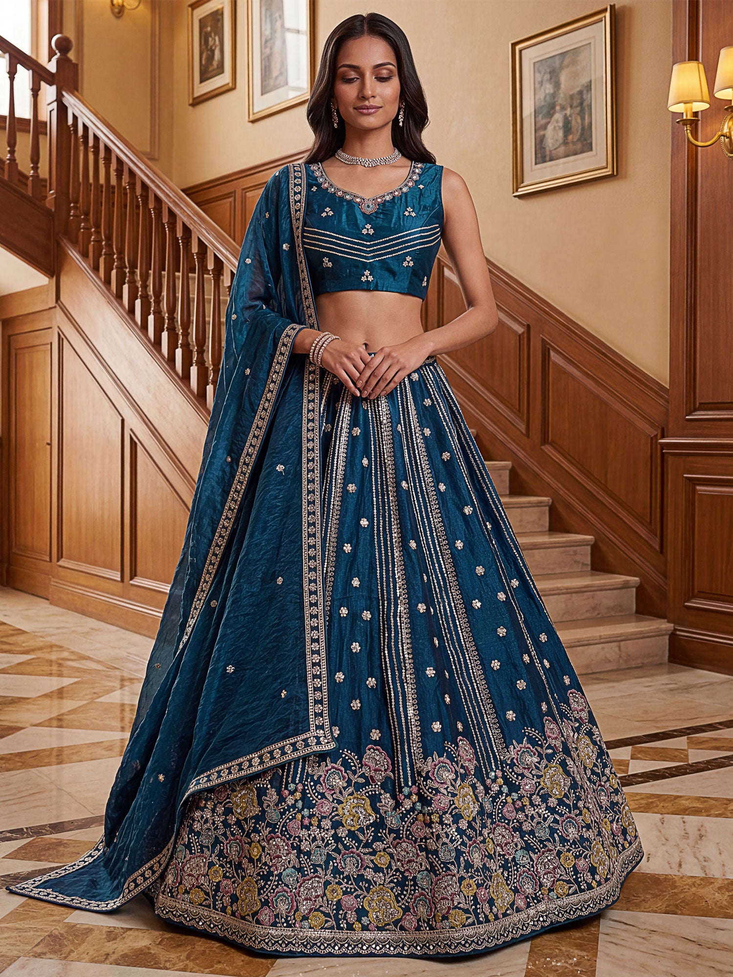 Blue Floral Thread Work Silk Lehenga Choli