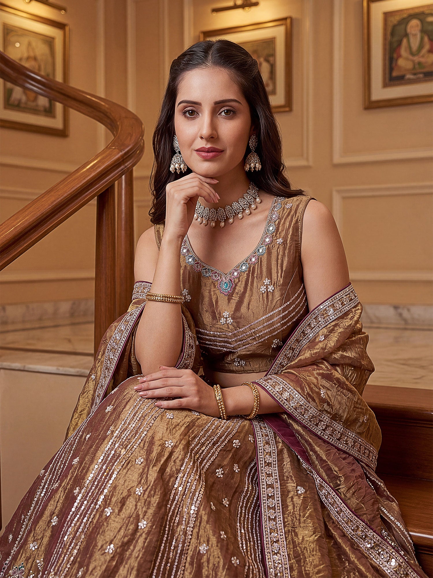 Brown Organza Lehenga Set In Thread Work