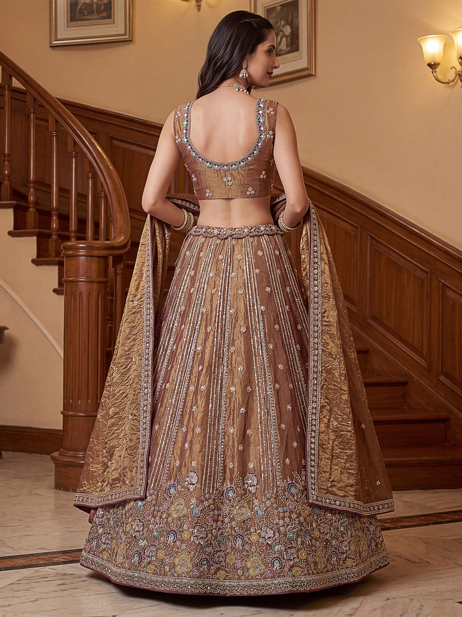 Brown Organza Lehenga Set In Thread Work