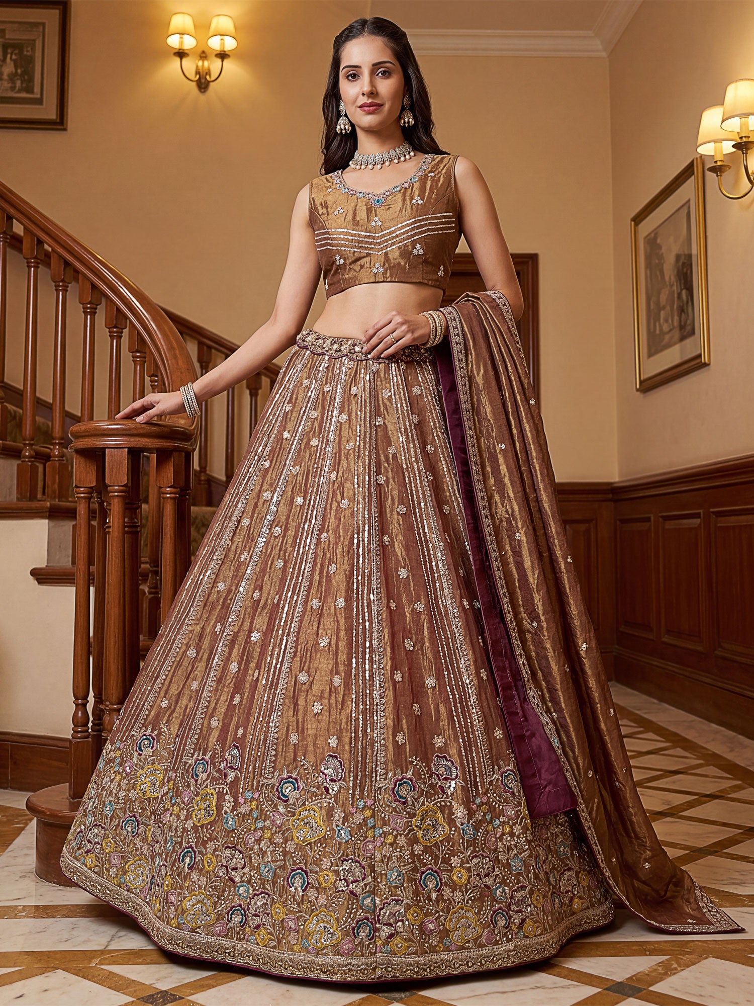 Brown Organza Lehenga Set In Thread Work