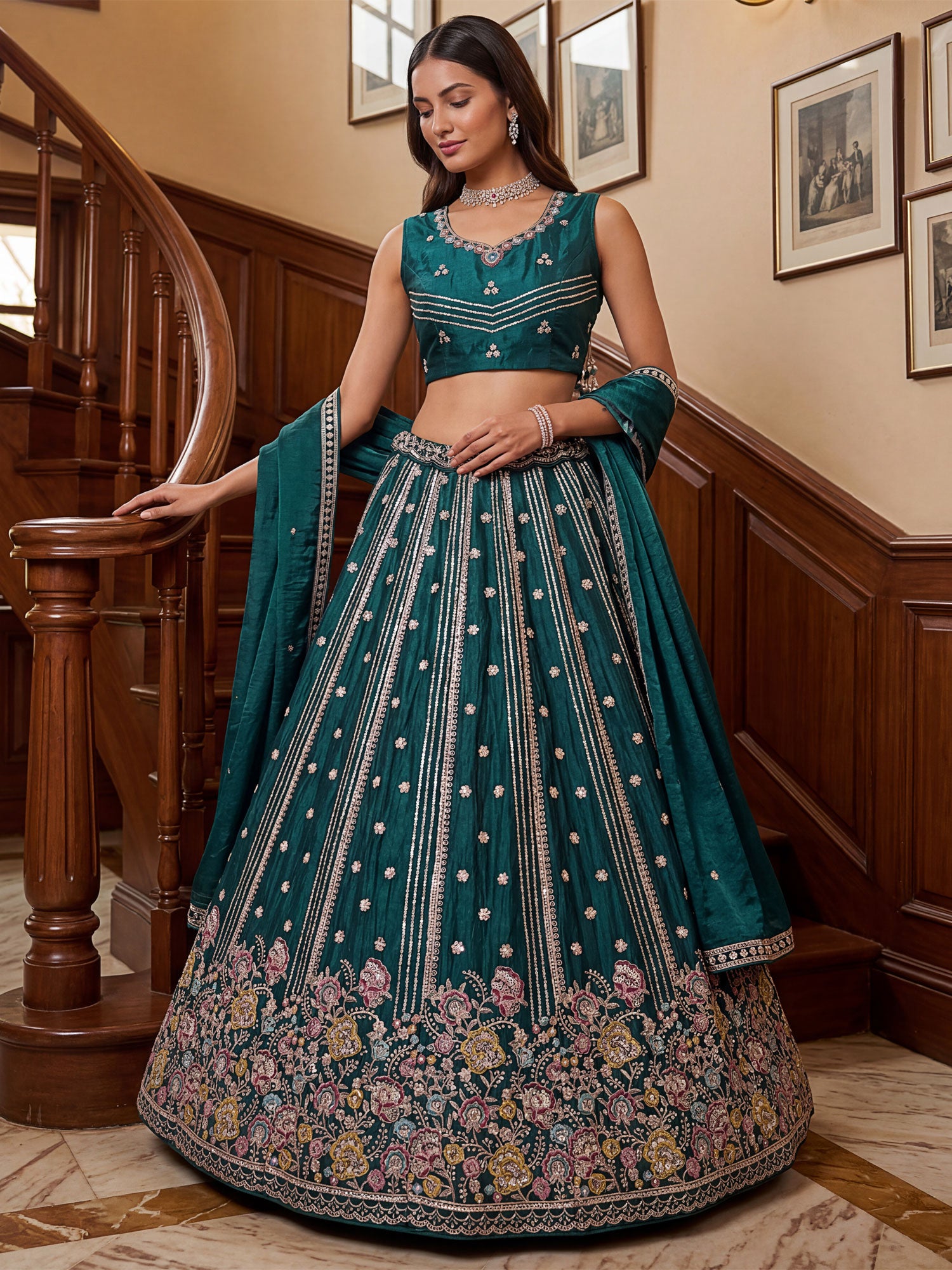 Teal Blue Floral Work Party  Lehenga Set