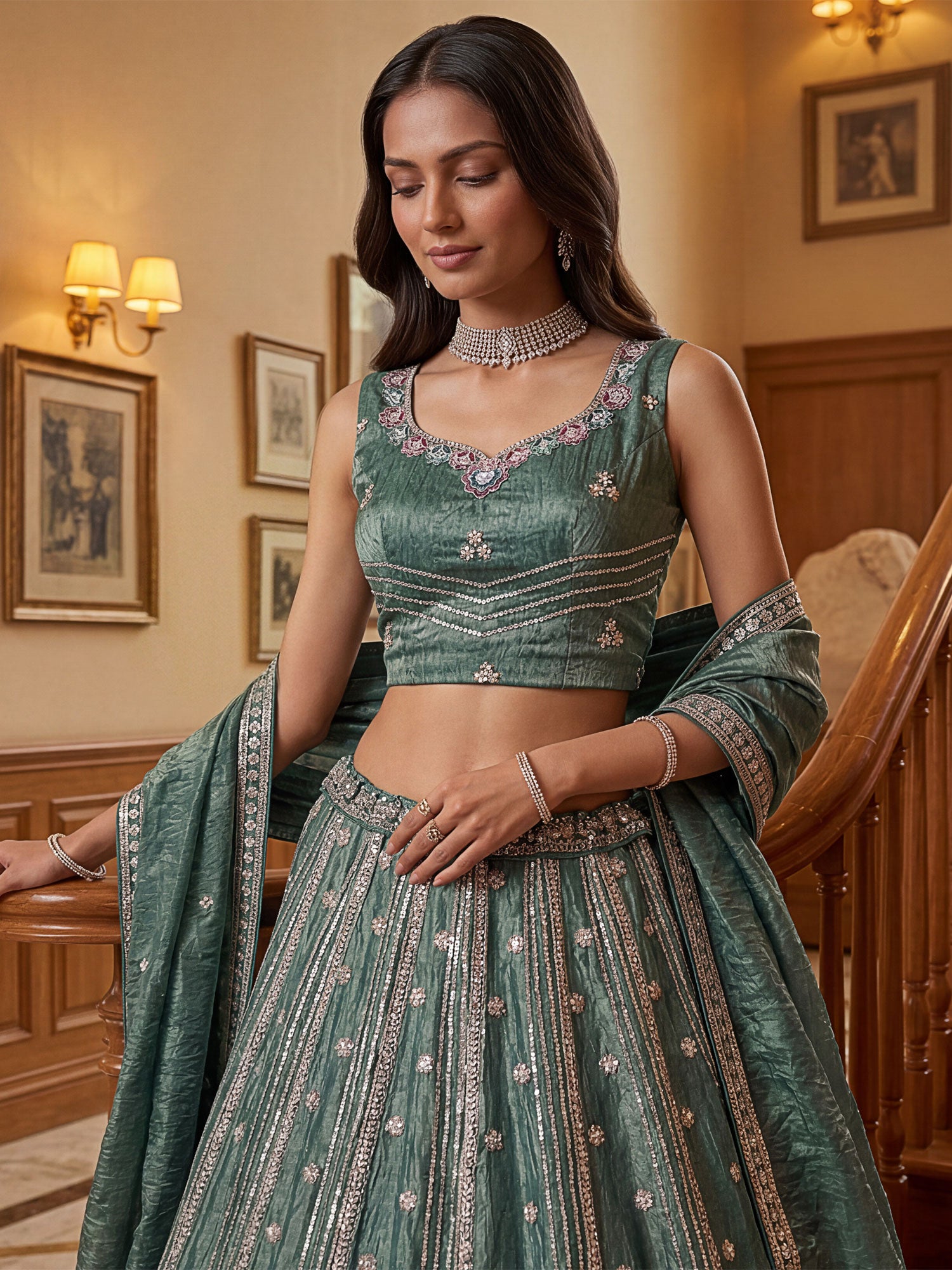 Firozi Green Sequins Work Organza Lehenga Choli
