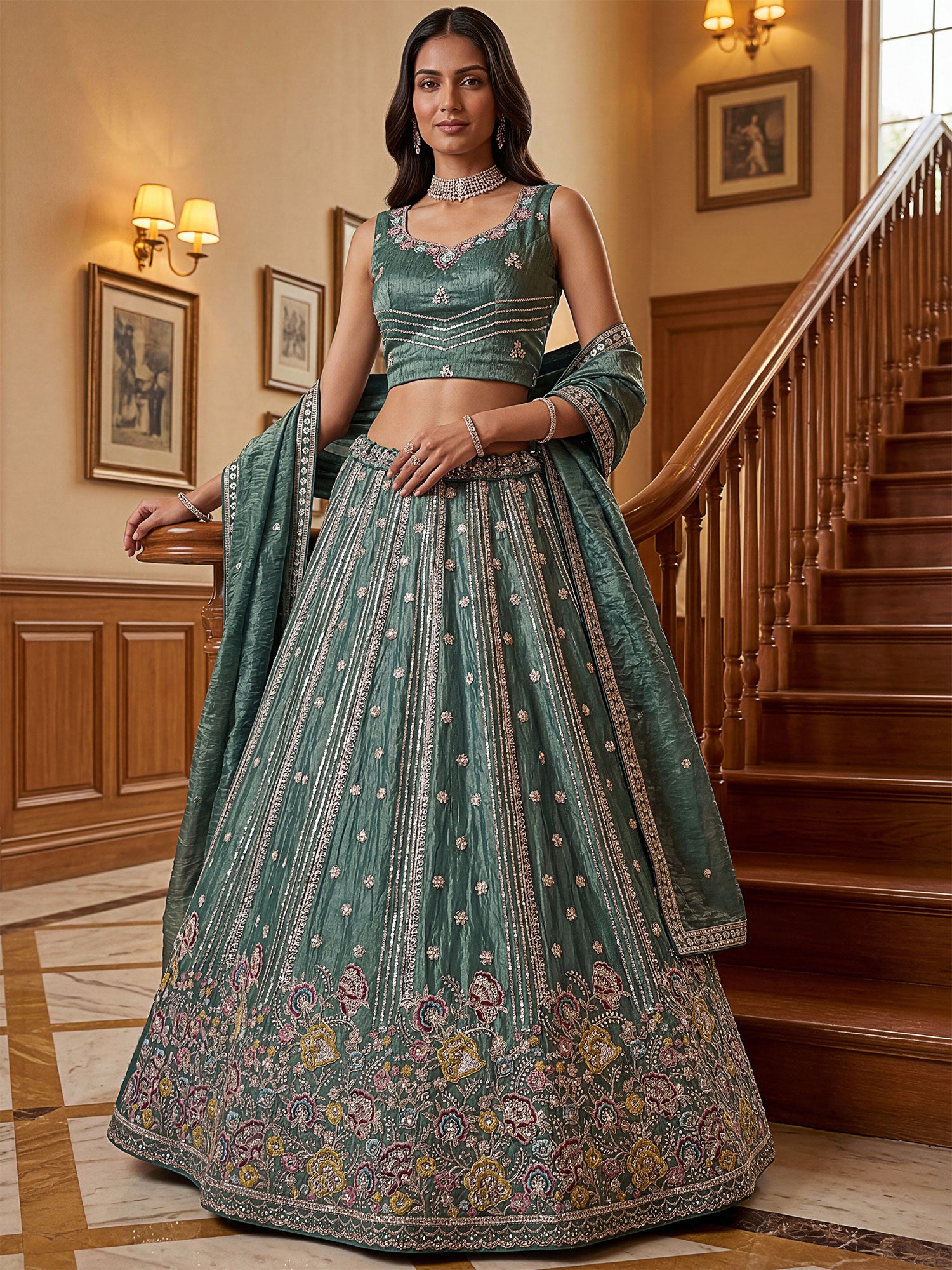 Firozi Green Sequins Work Organza Lehenga Choli