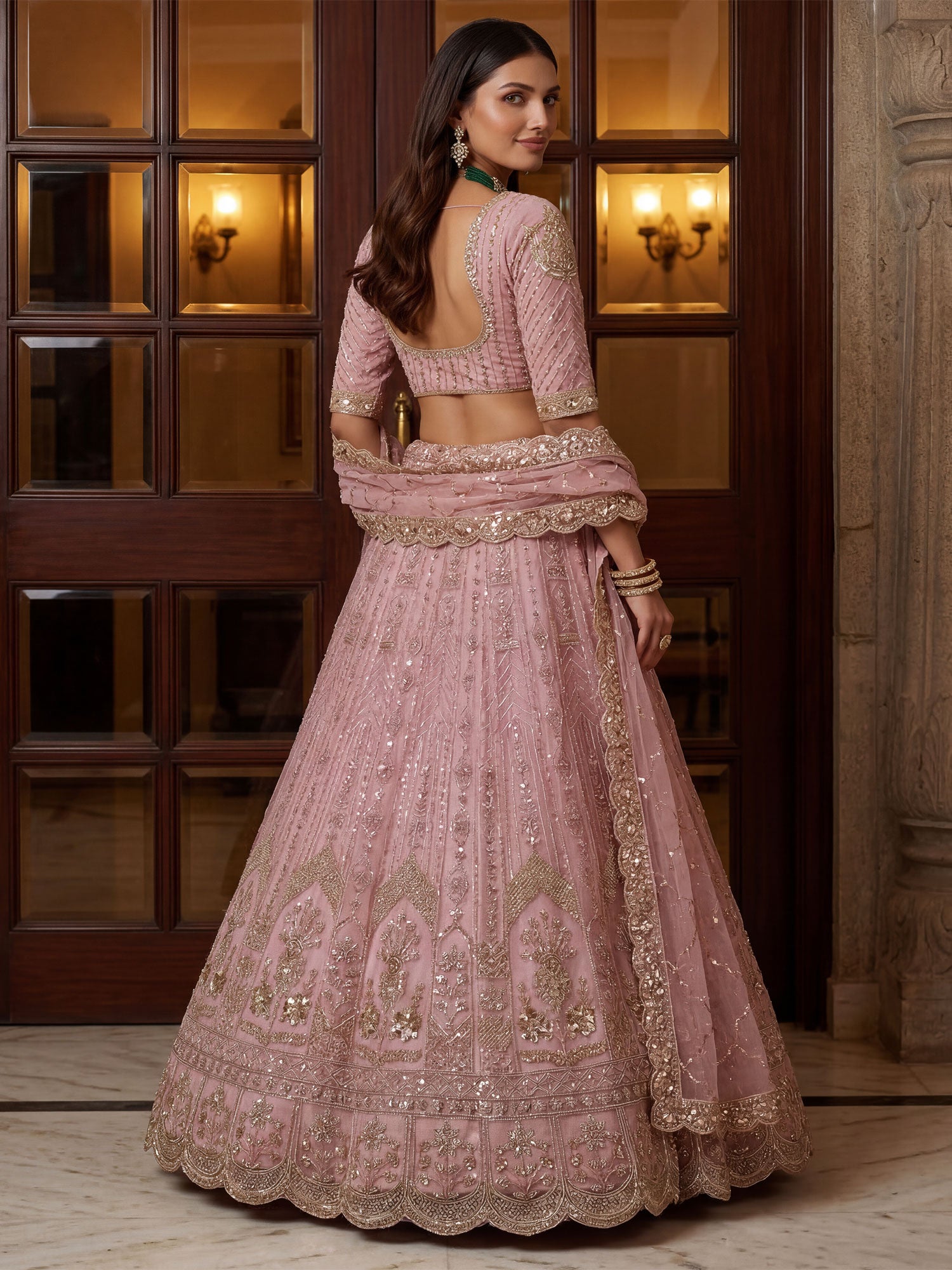 Pink Bridesmaid Net Lehenga Set In Stone Work
