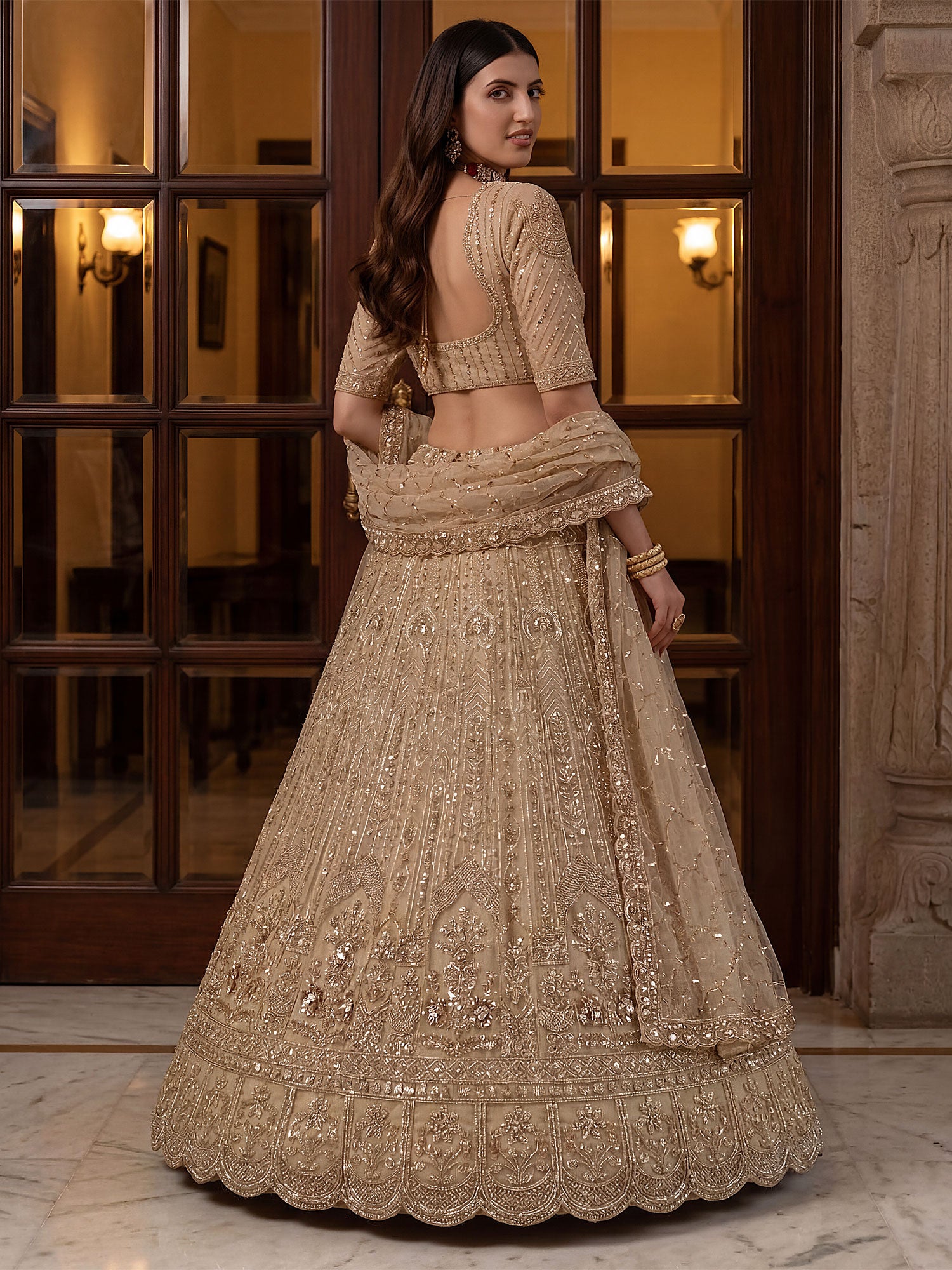 Brown Zari Work Embellished Bridesmaid Lehenga Set