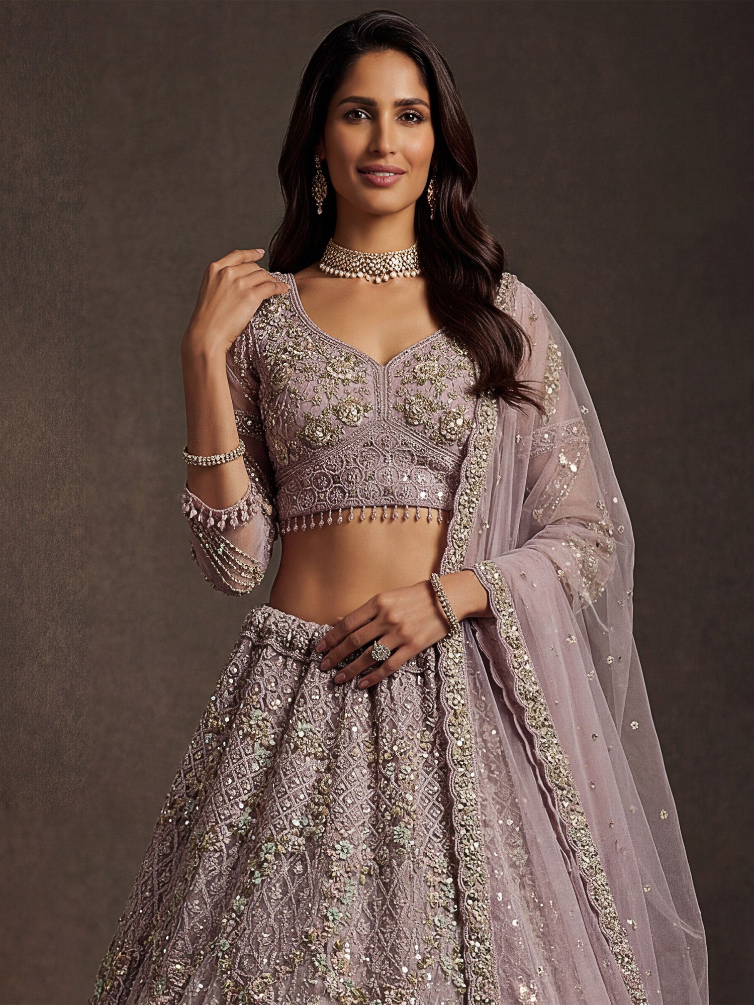 Purple Embroidered Bridesmaid Lehenga Set In Net
