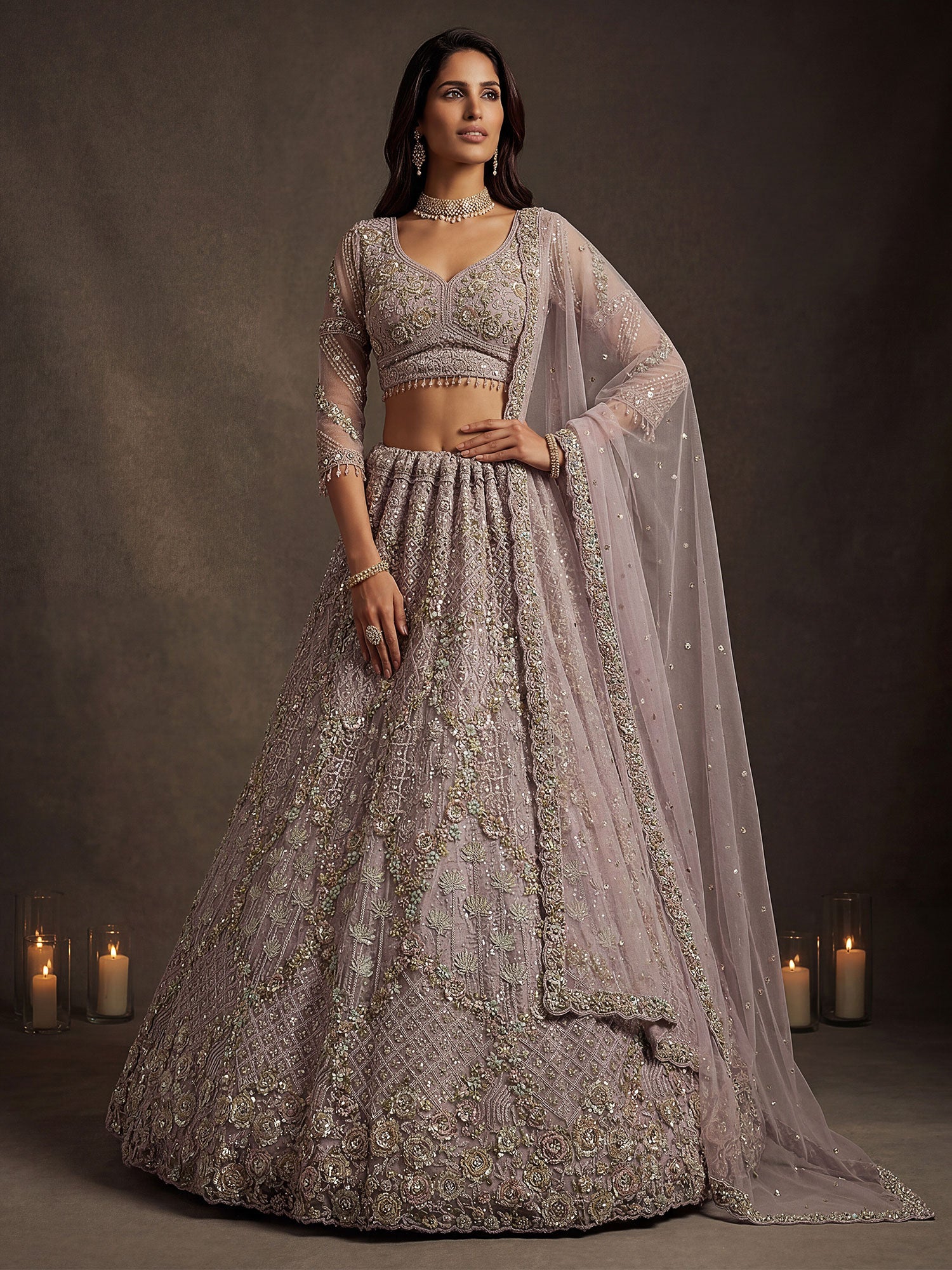 Purple Embroidered Bridesmaid Lehenga Set In Net