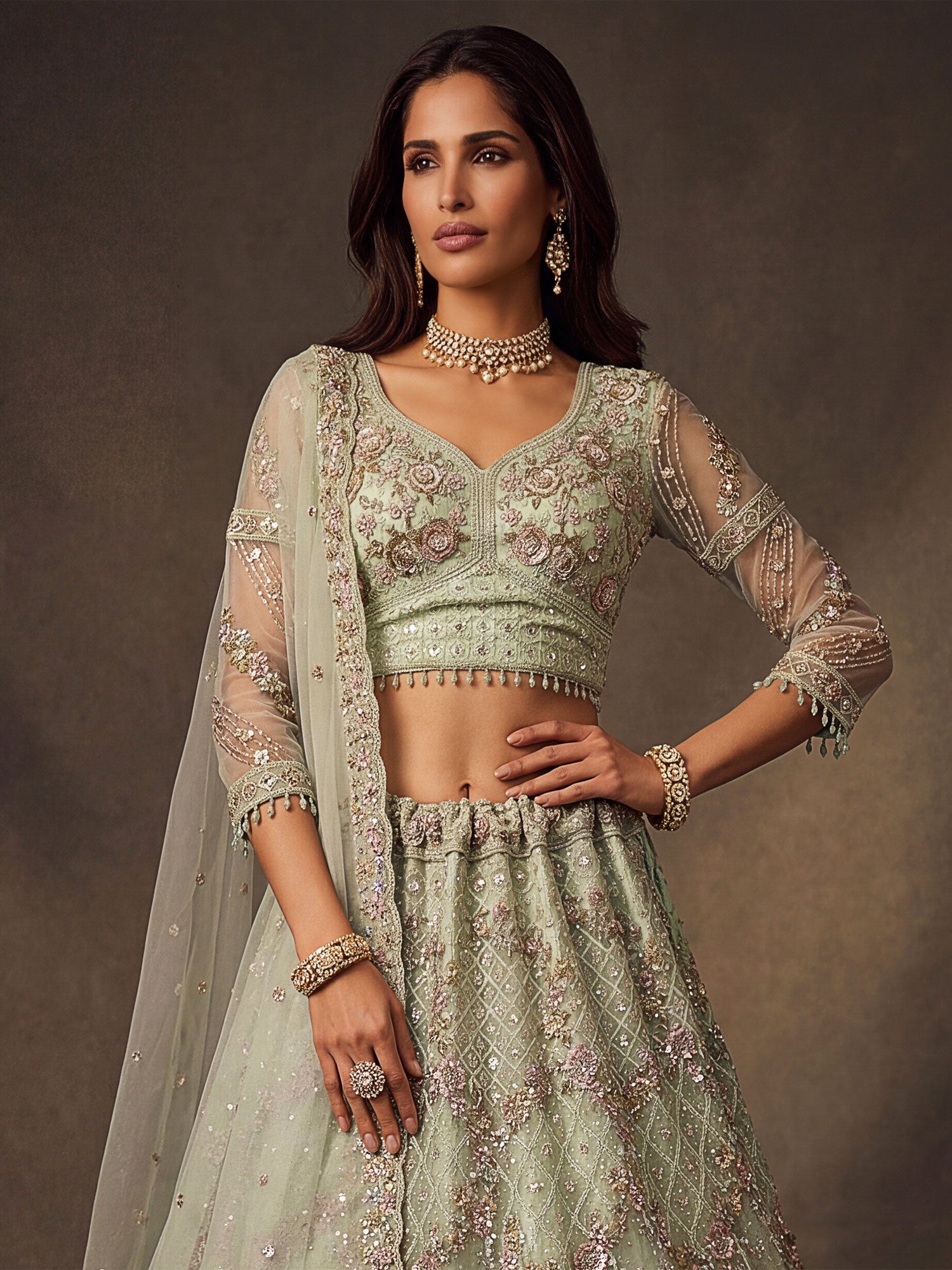 Green Heavy Embroidered Lehenga Set With Net Dupatta