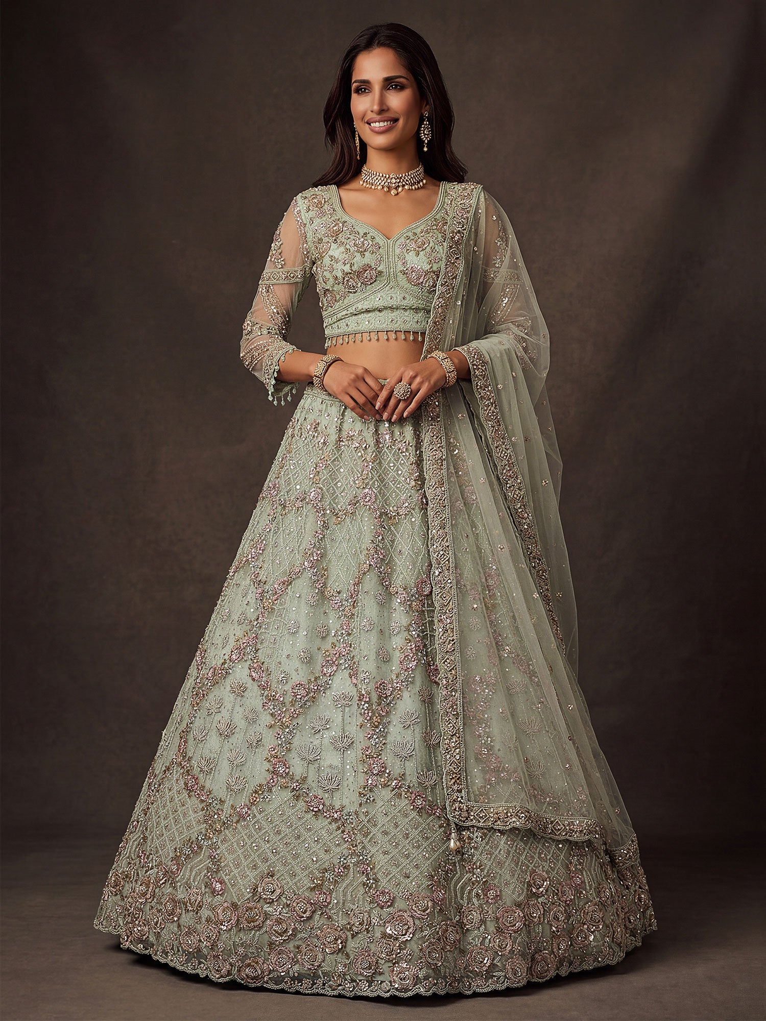 Green Heavy Embroidered Lehenga Set With Net Dupatta