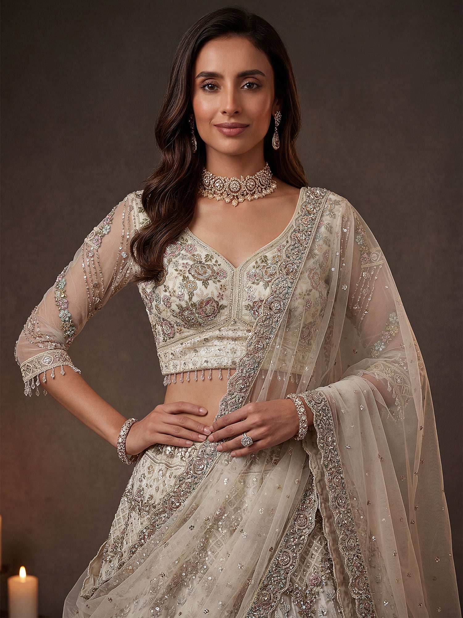 Off White Bridesmaid Lehenga Choli In Sequins Work