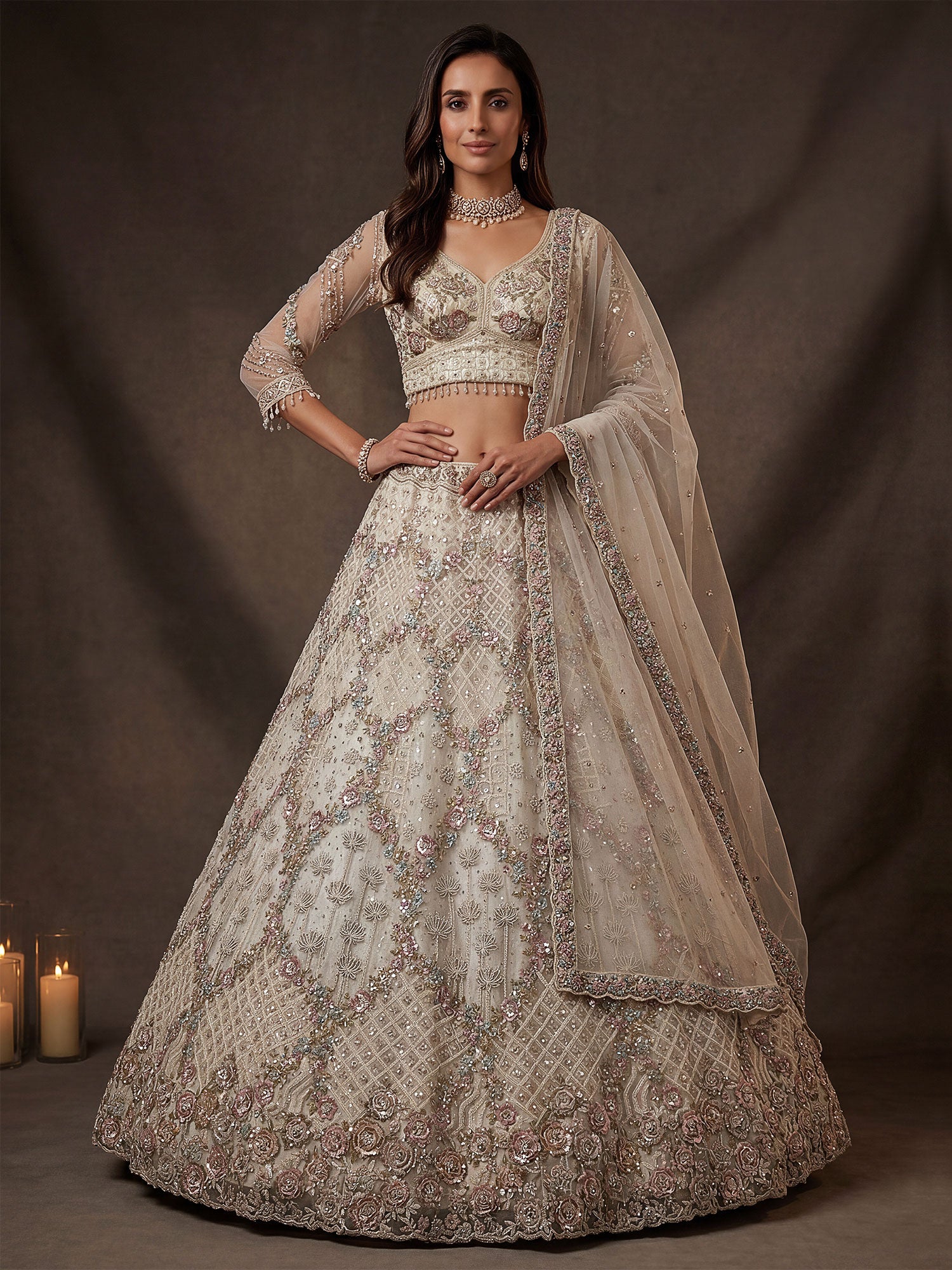 Off White Bridesmaid Lehenga Choli In Sequins Work