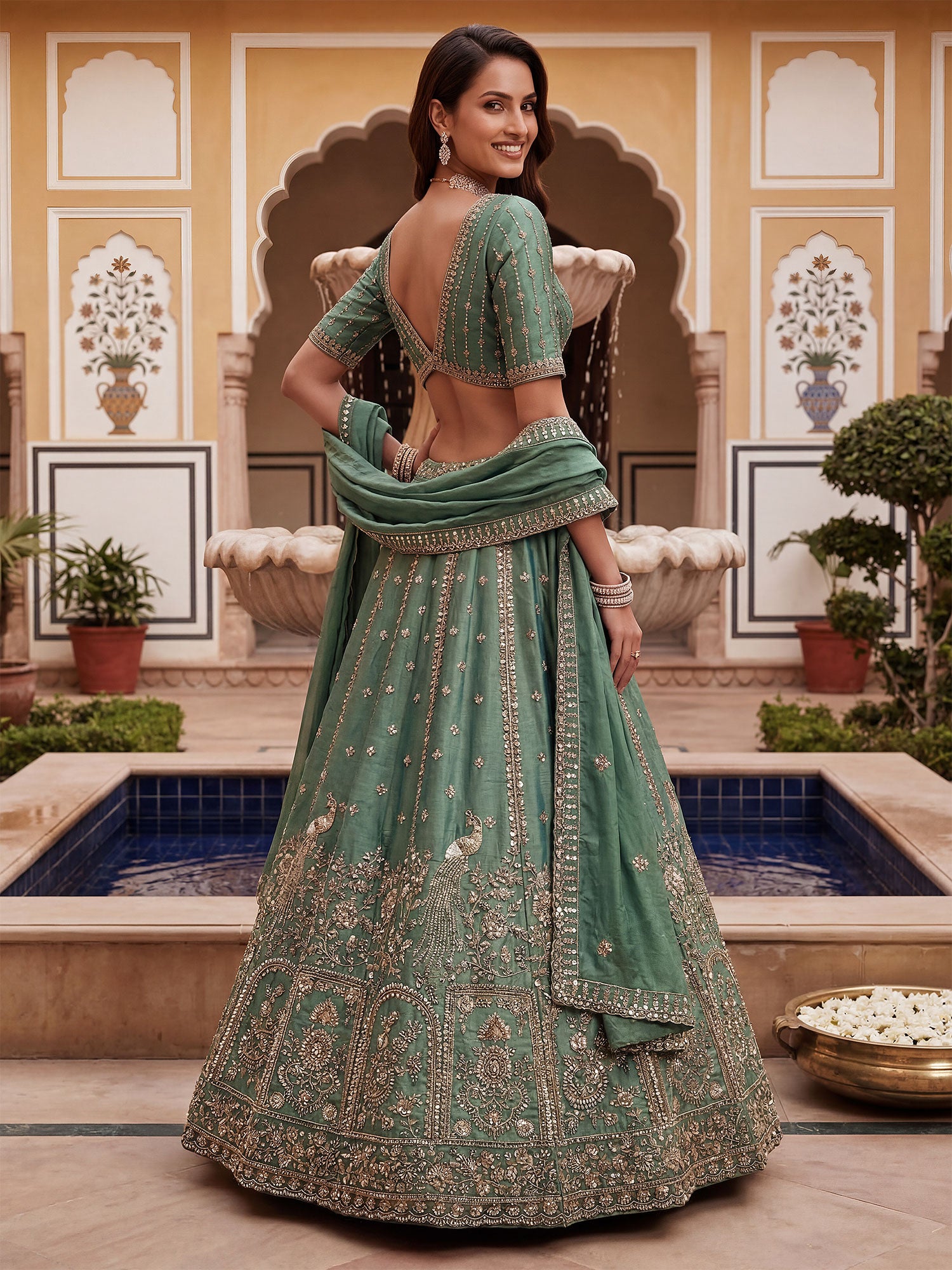 Rama Green Bridesmaid Lehenga Choli In Silk
