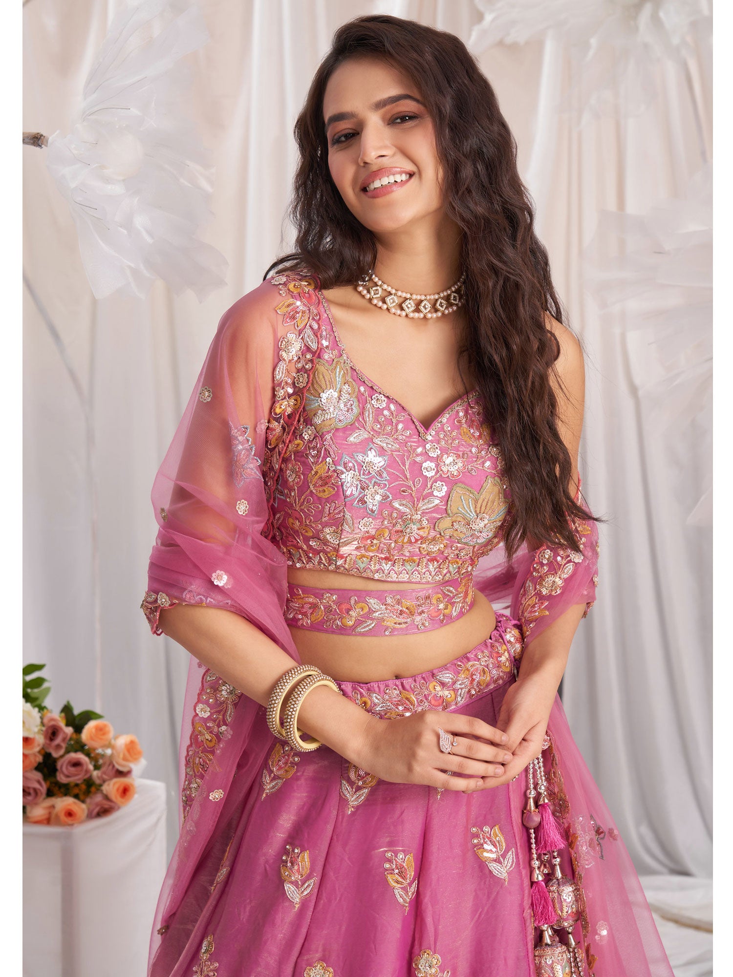 Pink Floral Embellished Lehenga Set In Silk