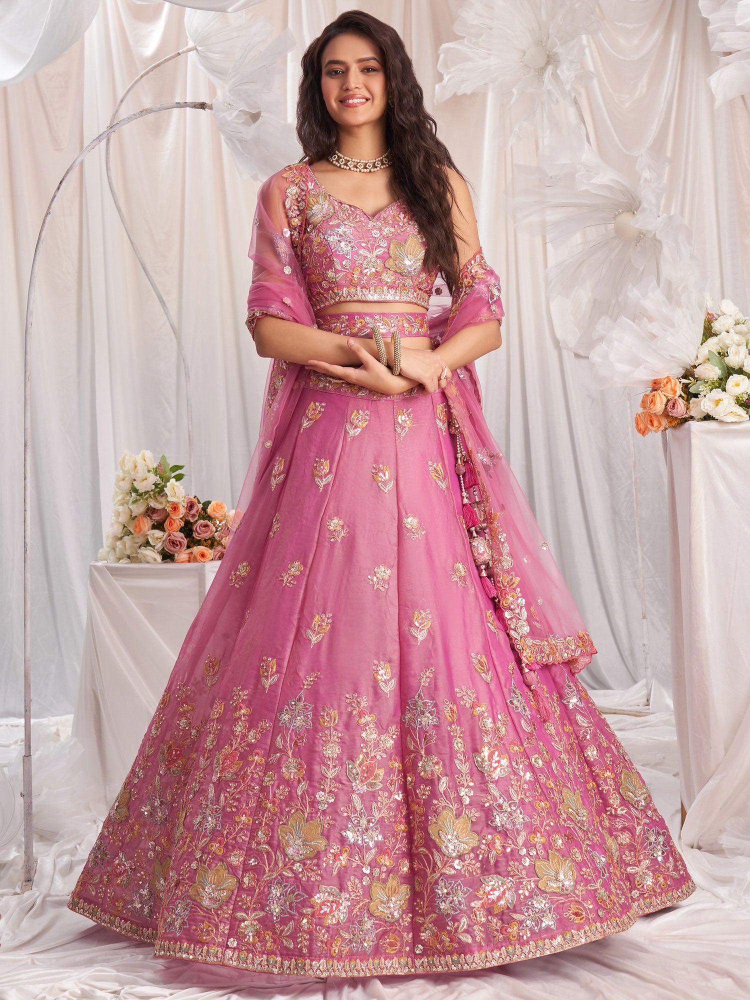 Pink Floral Embellished Lehenga Set In Silk