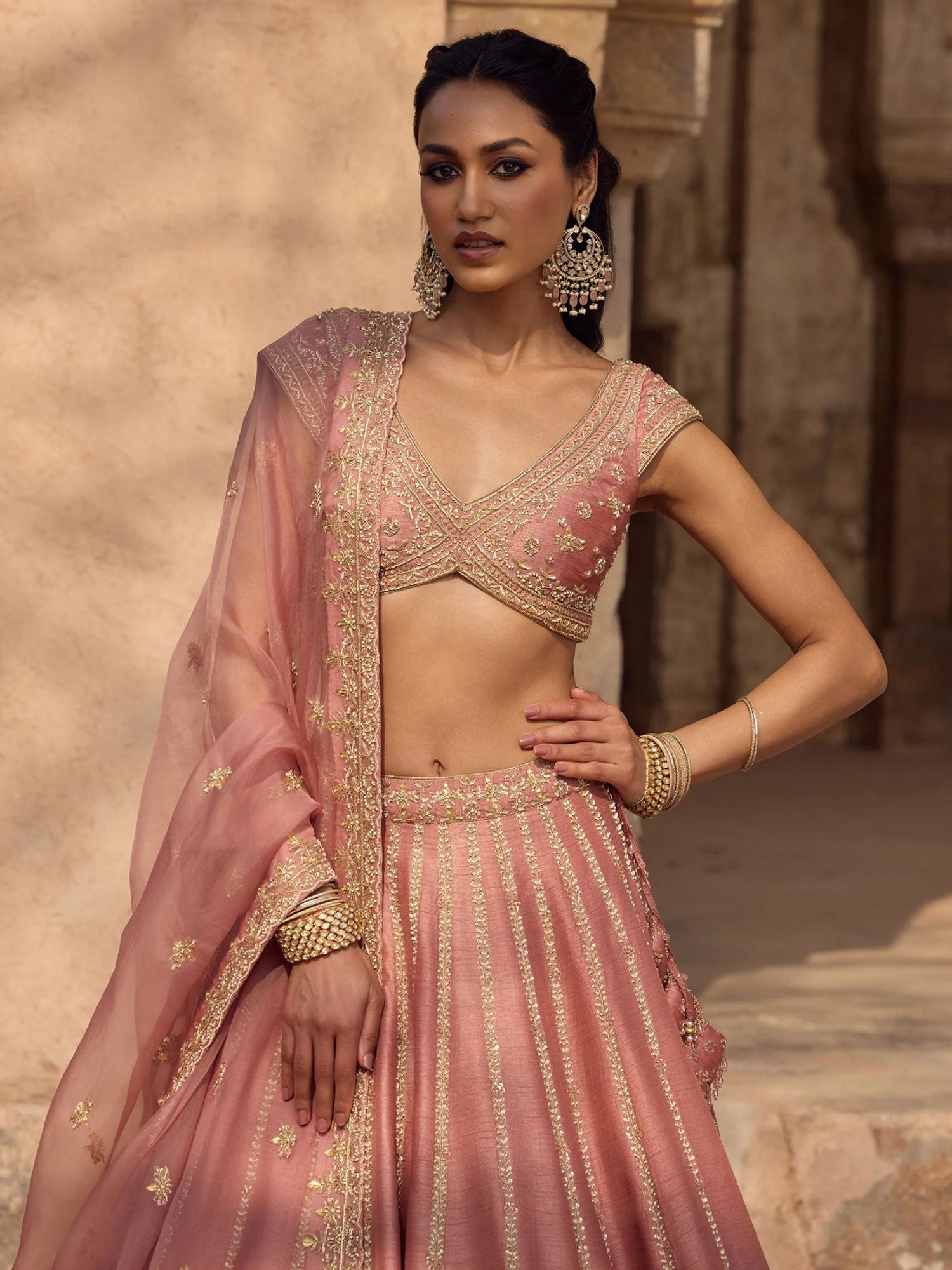 Dusty Pink Silk Lehenga Set With Zari Embroidery