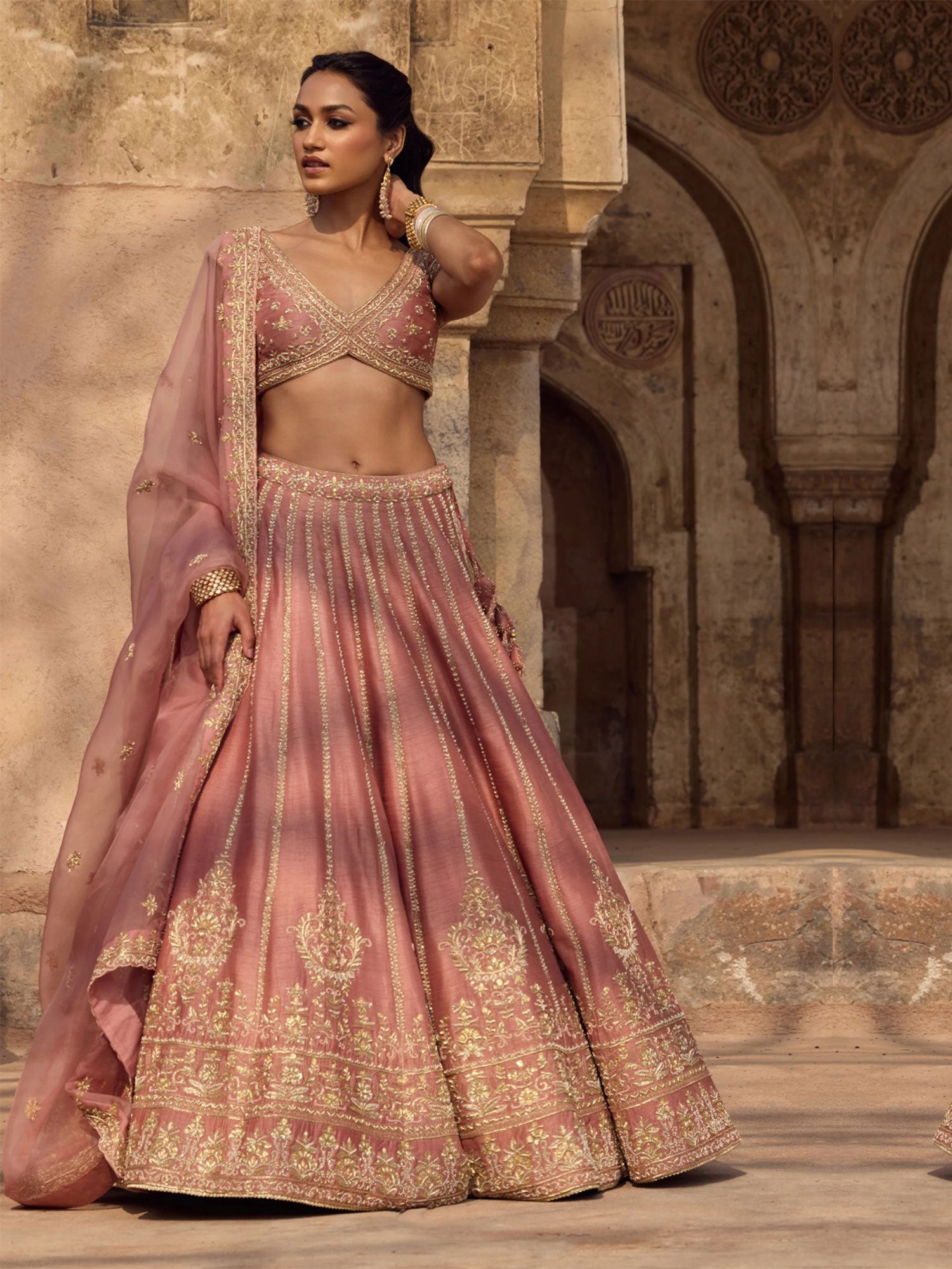Dusty Pink Silk Lehenga Set With Zari Embroidery