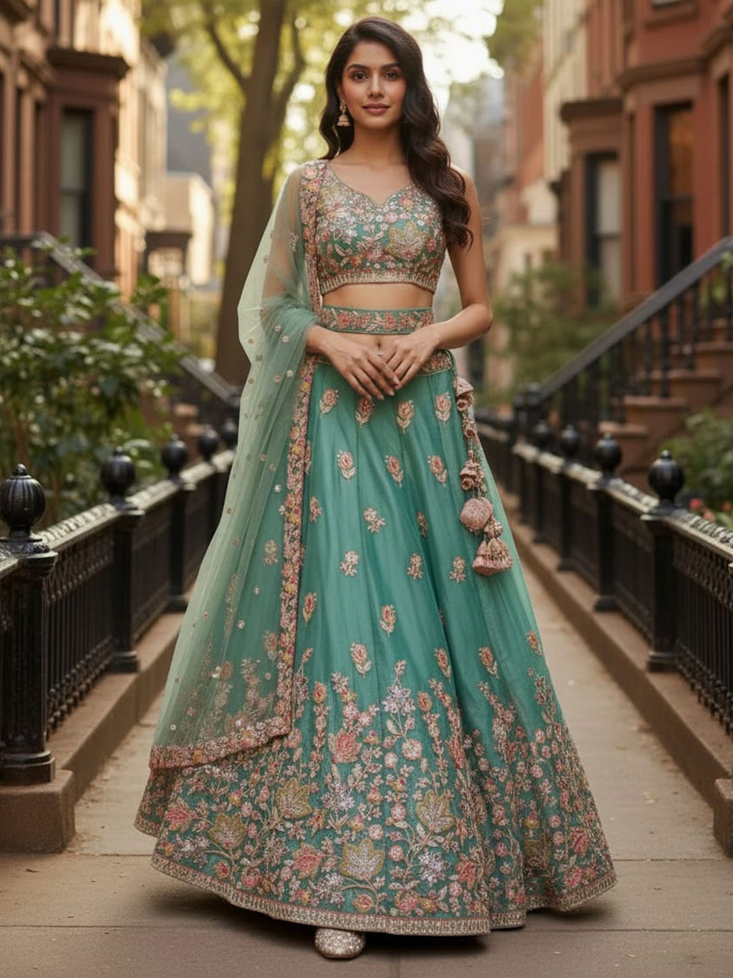 Green Floral Thread Work Silk Lehenga Set