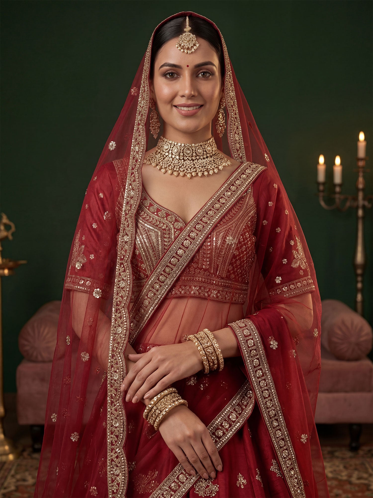 Red Traditional Lehenga Set In Sequins Work