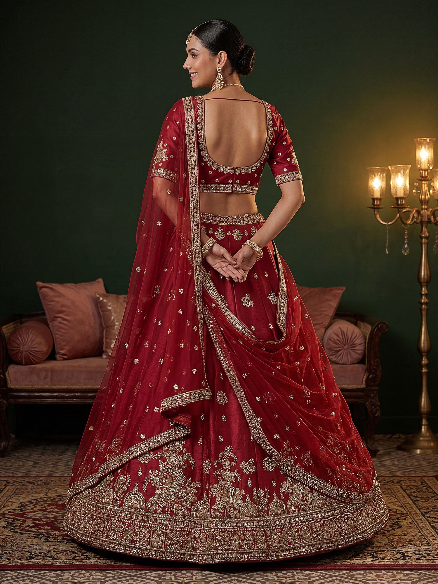 Red Traditional Lehenga Set In Sequins Work