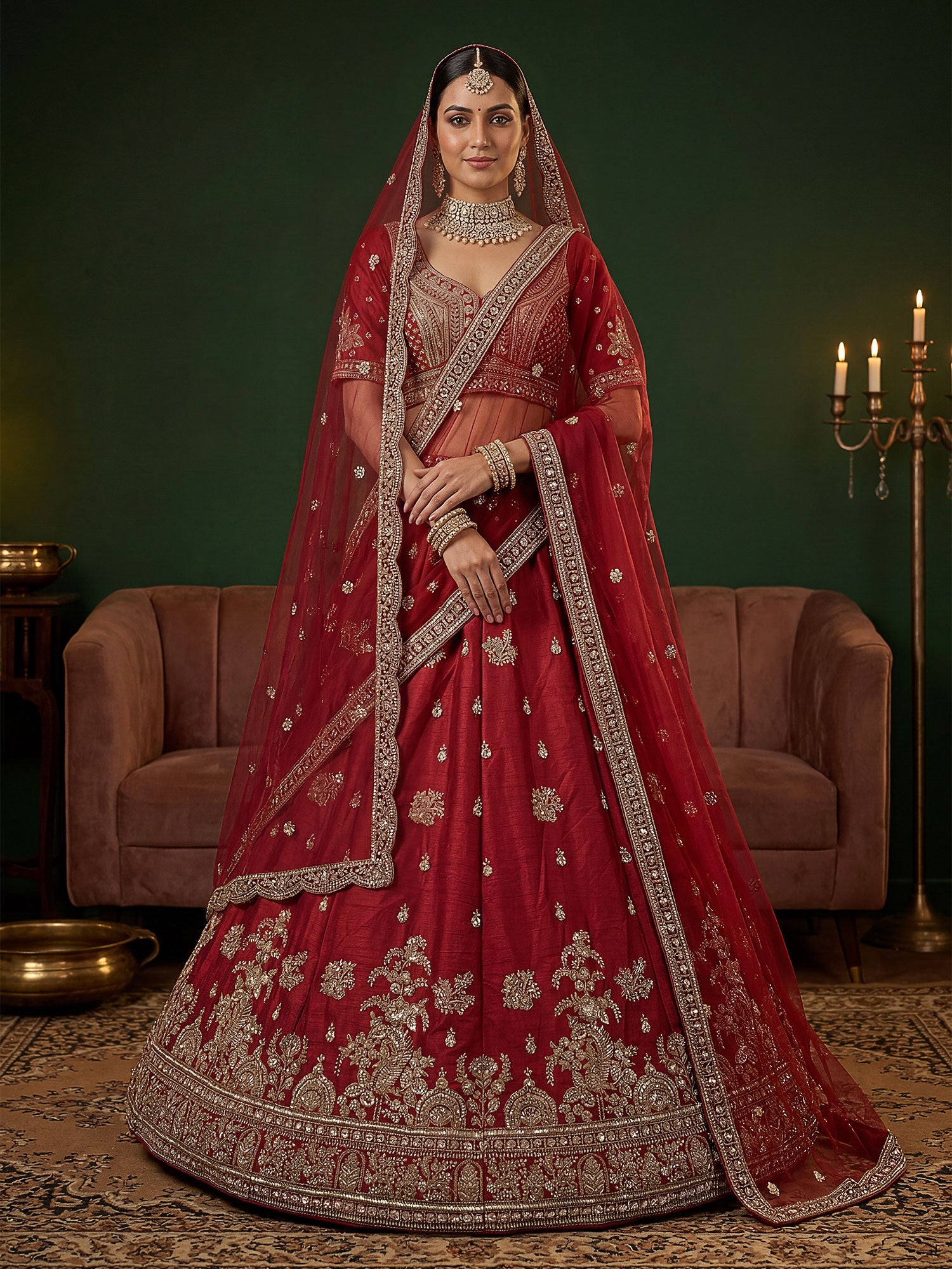 Red Traditional Lehenga Set In Sequins Work