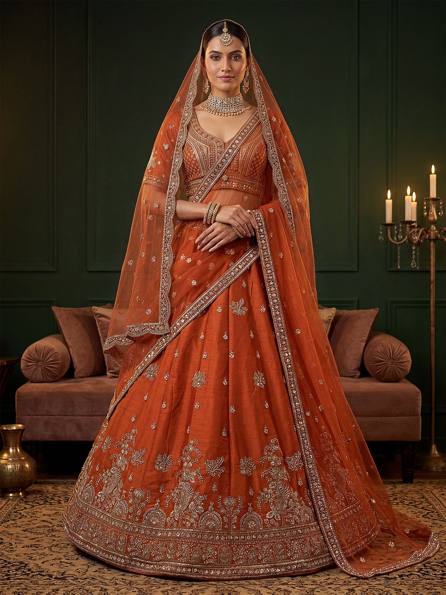 Orange Silk Lehenga Set With Zari Embellishment