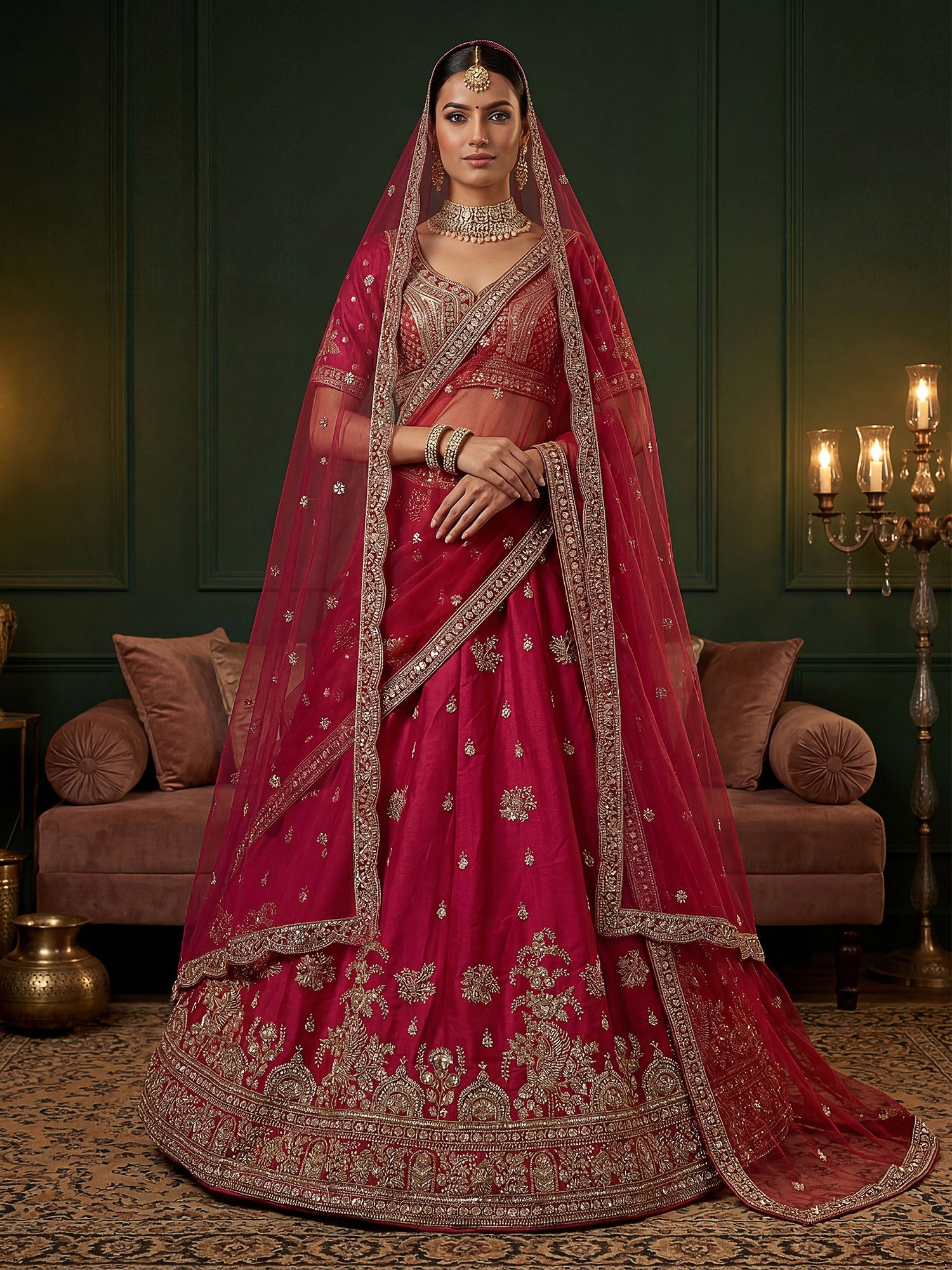 Rani Pink Zari Work Bridal Lehenga Choli