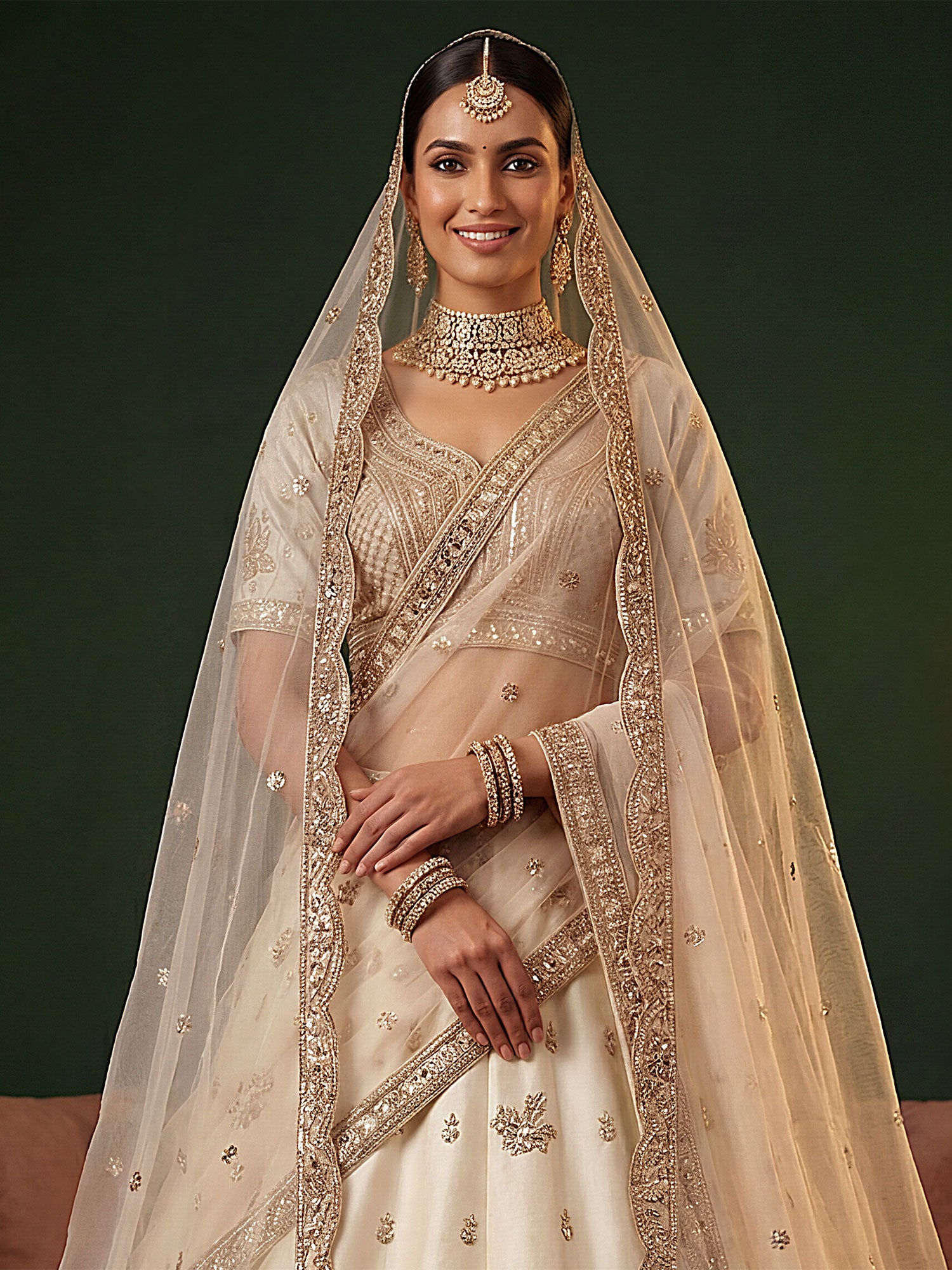 Off White Floral Embellished Silk Lehenga Choli