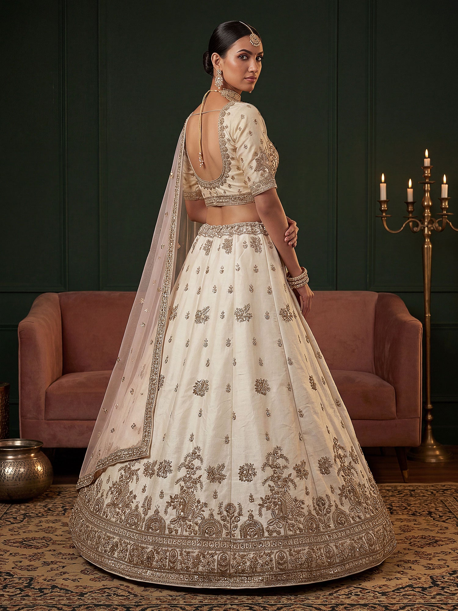 Off White Floral Embellished Silk Lehenga Choli
