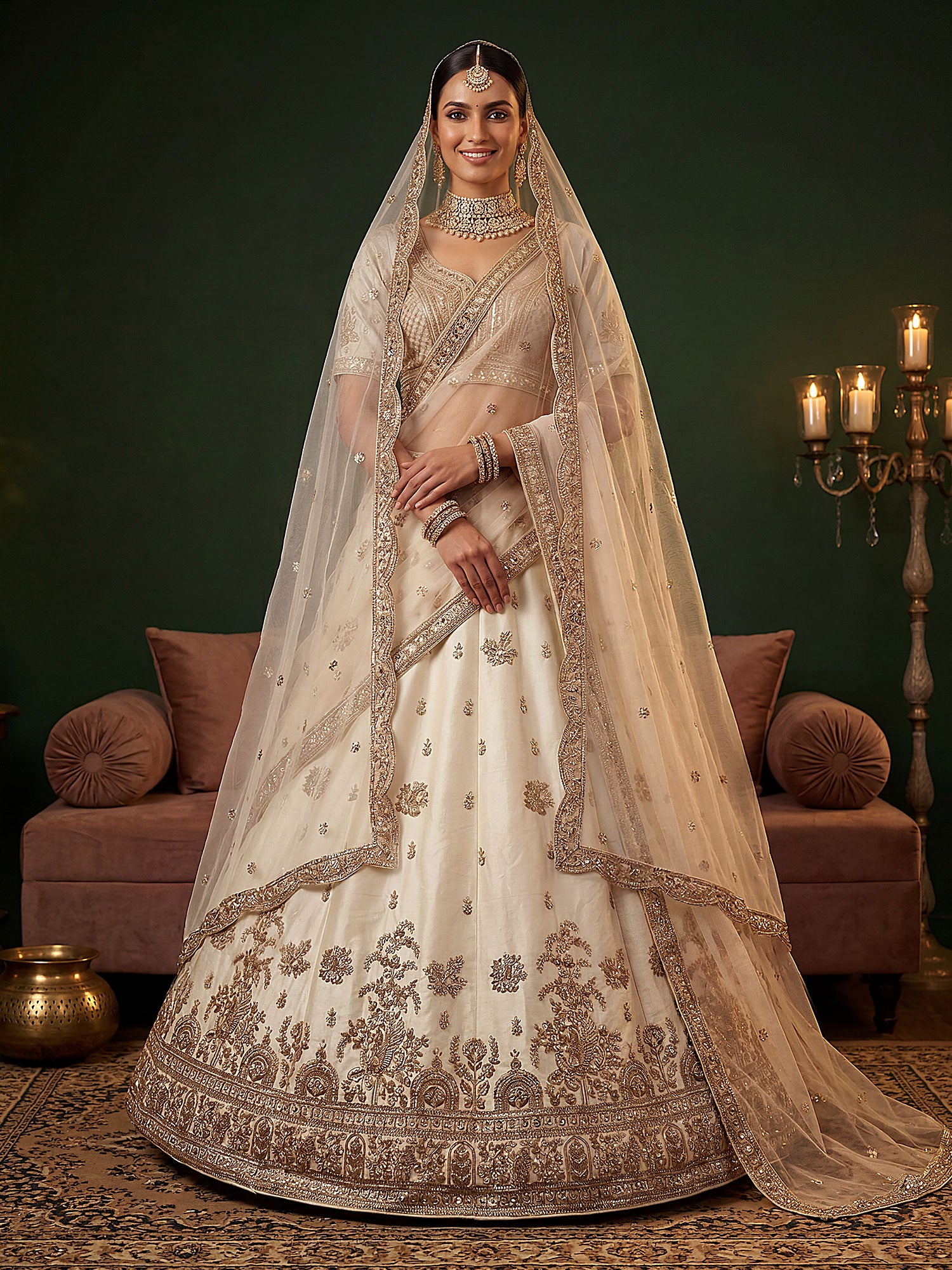 Off White Floral Embellished Silk Lehenga Choli