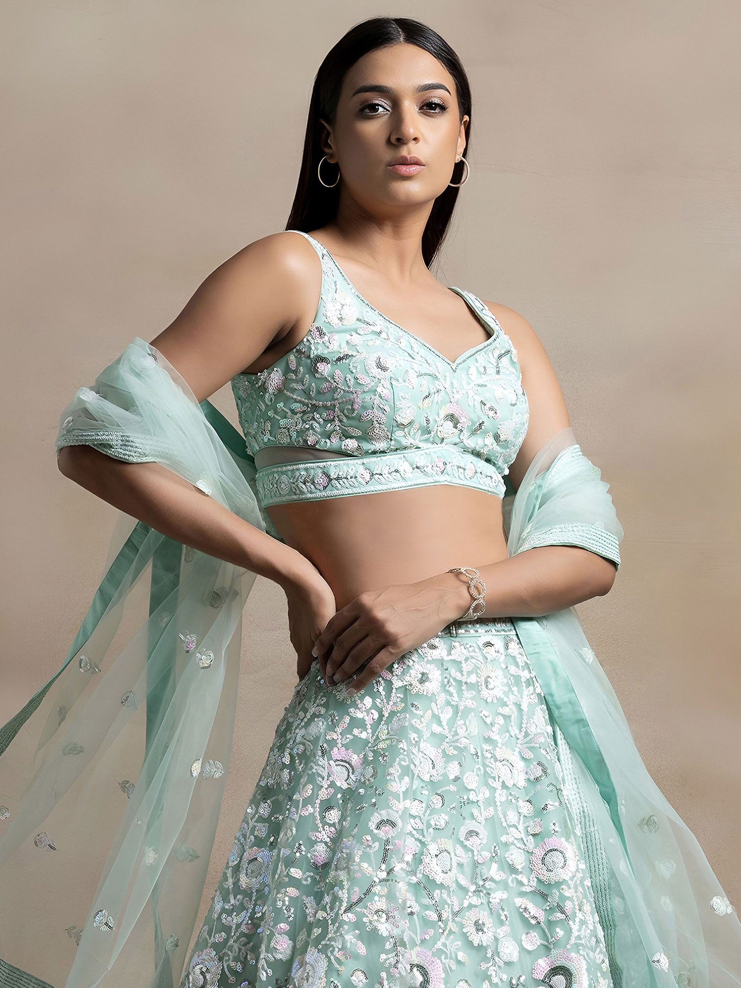 Light Blue Bridesmaid Lehenga Choli In Soft Net