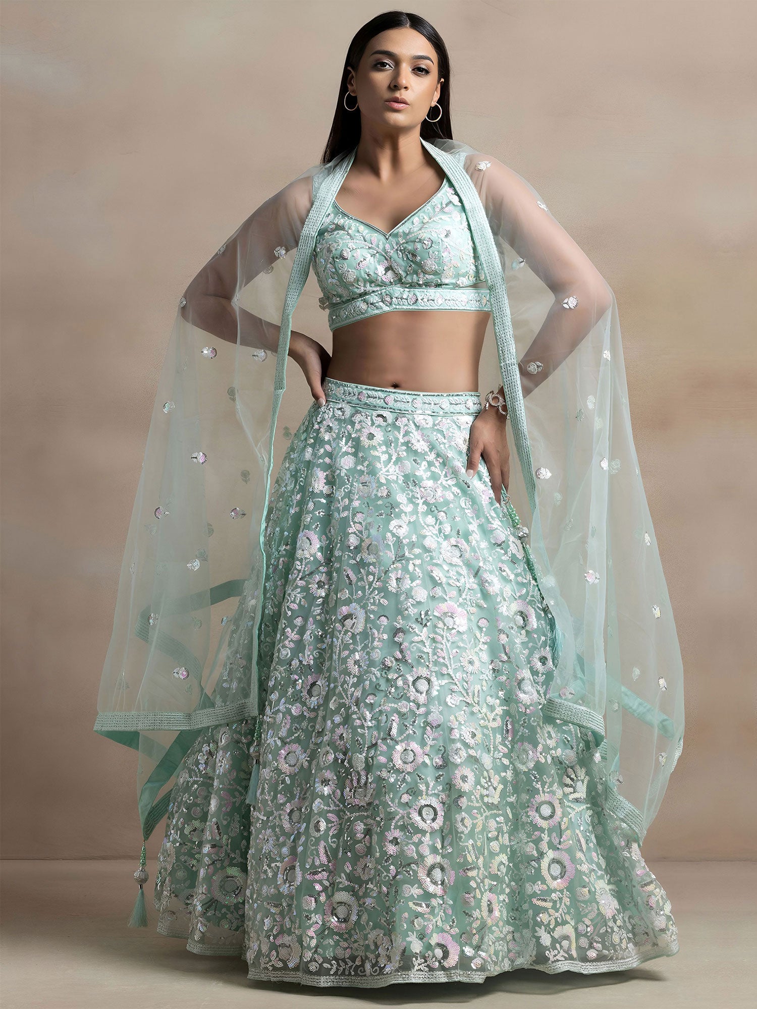 Light Blue Bridesmaid Lehenga Choli In Soft Net