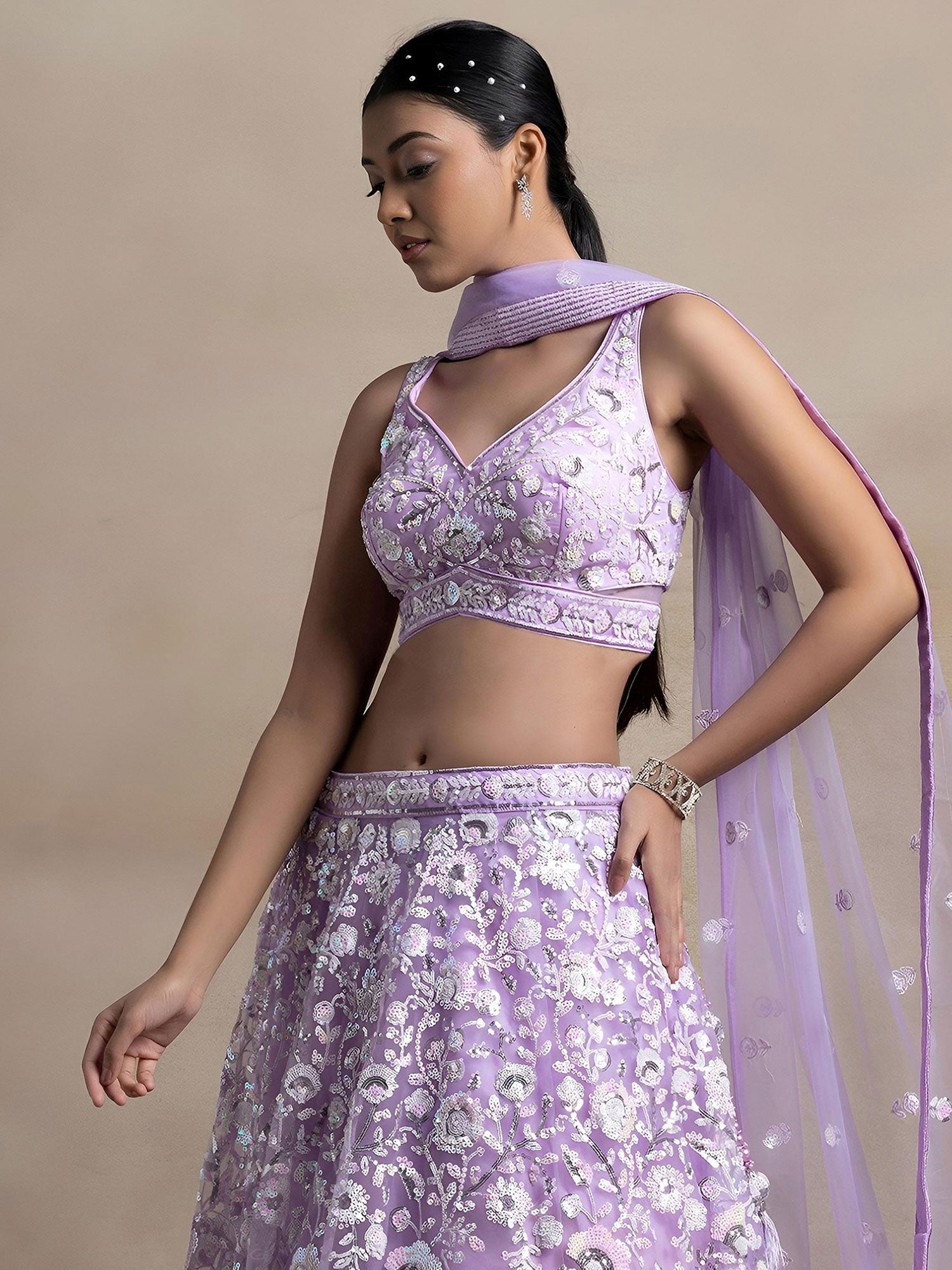 Purple Net Lehenga Set With Thread Embellishment