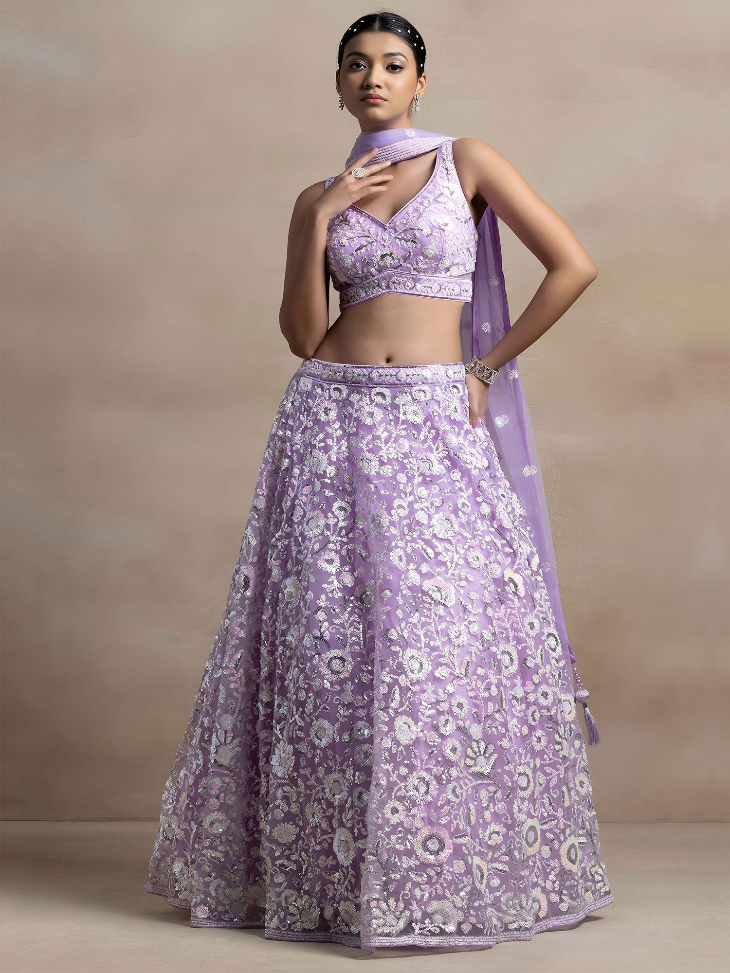 Purple Net Lehenga Set With Thread Embellishment