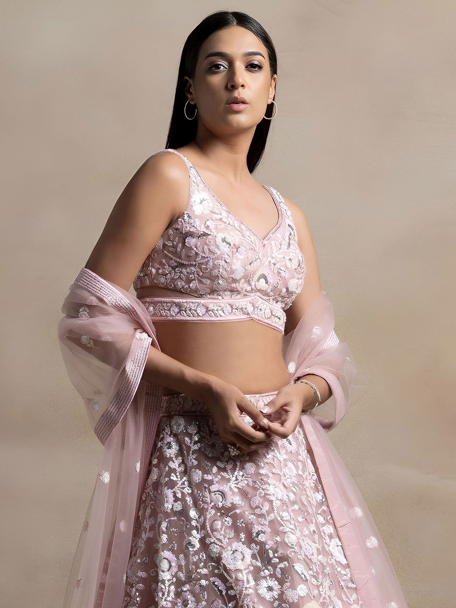 Dusty Pink Floral Thread Work Lehenga Set