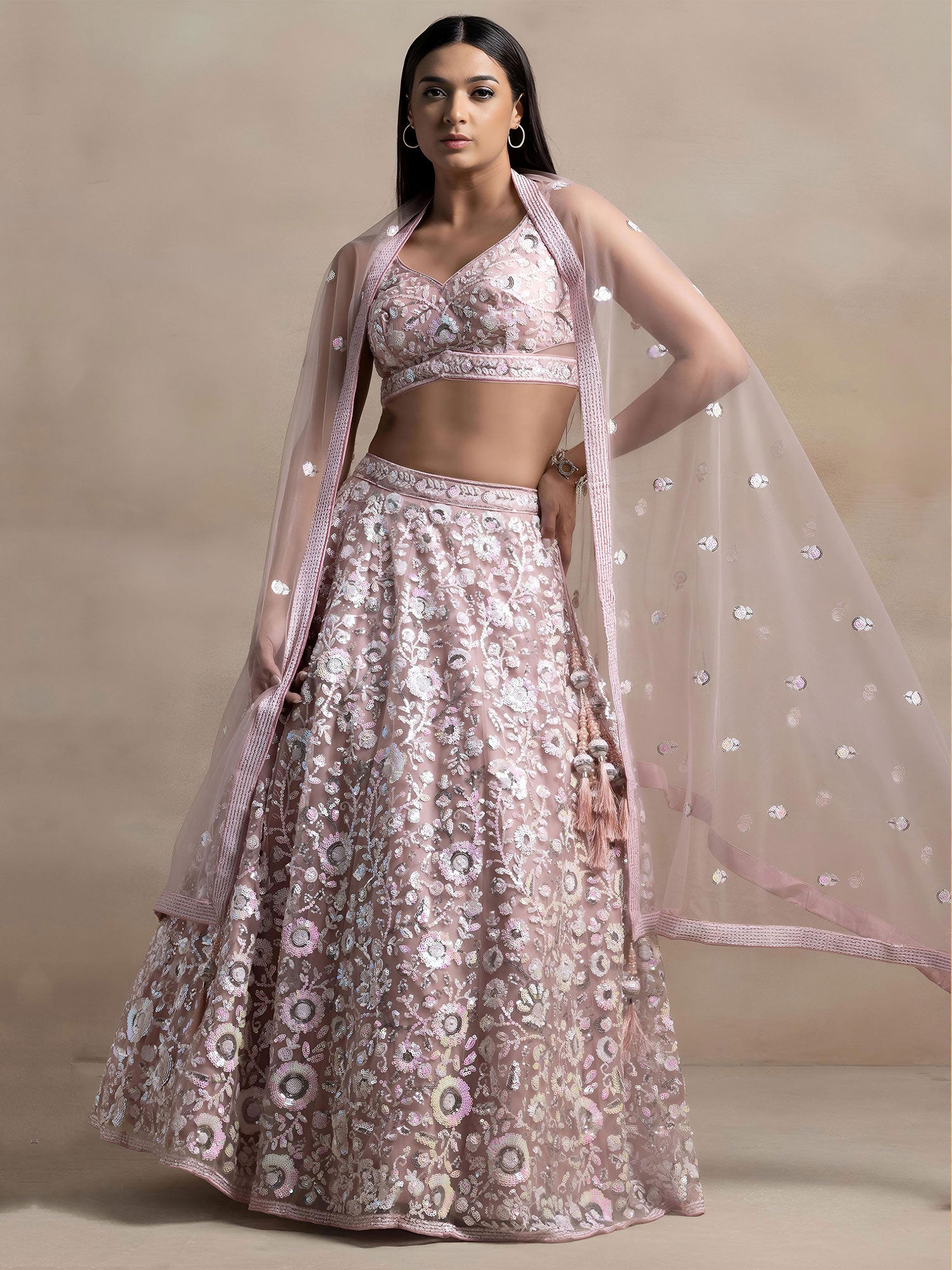 Dusty Pink Floral Thread Work Lehenga Set