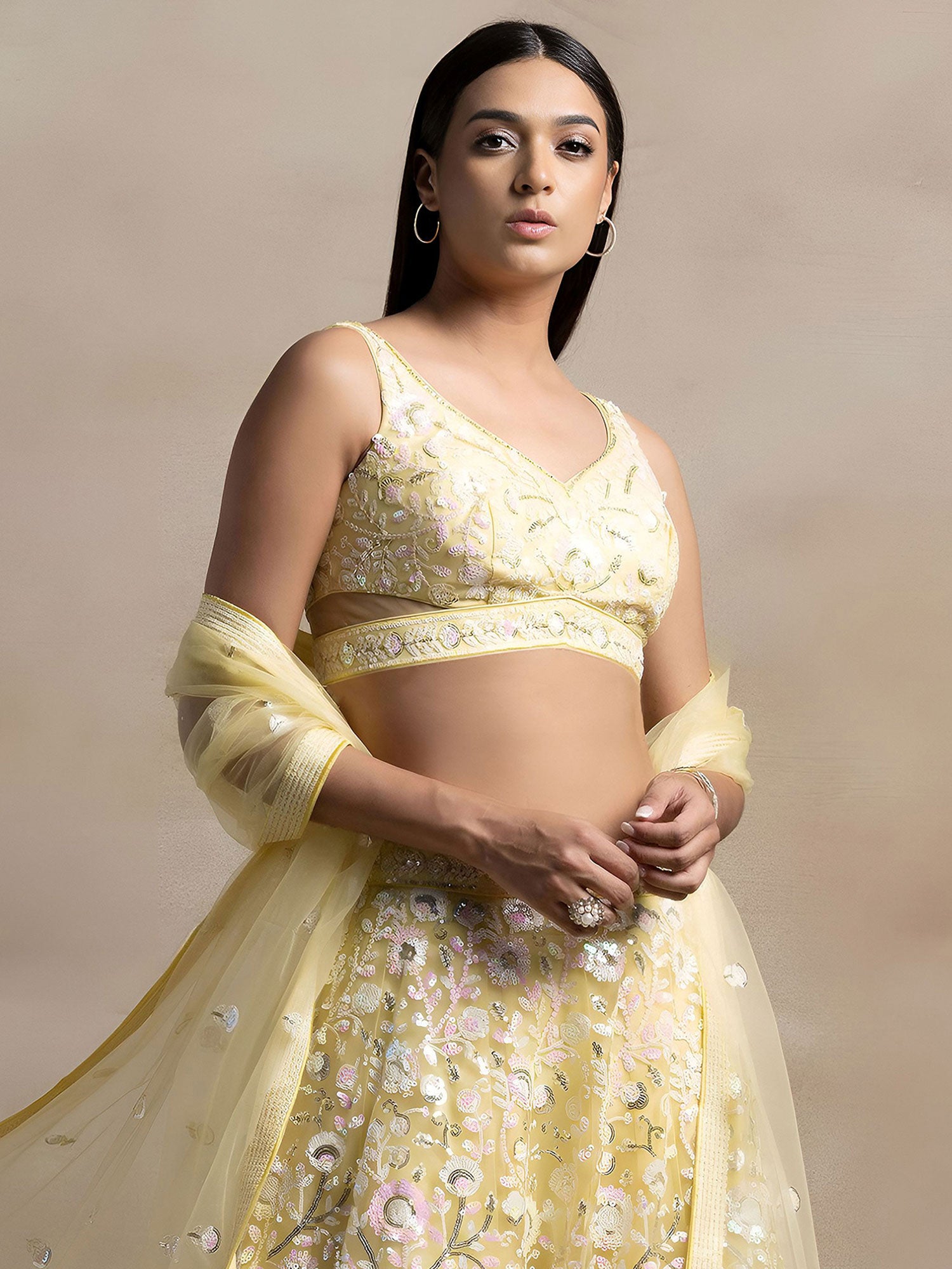 Yellow Thread Embroidered Net Lehenga Set