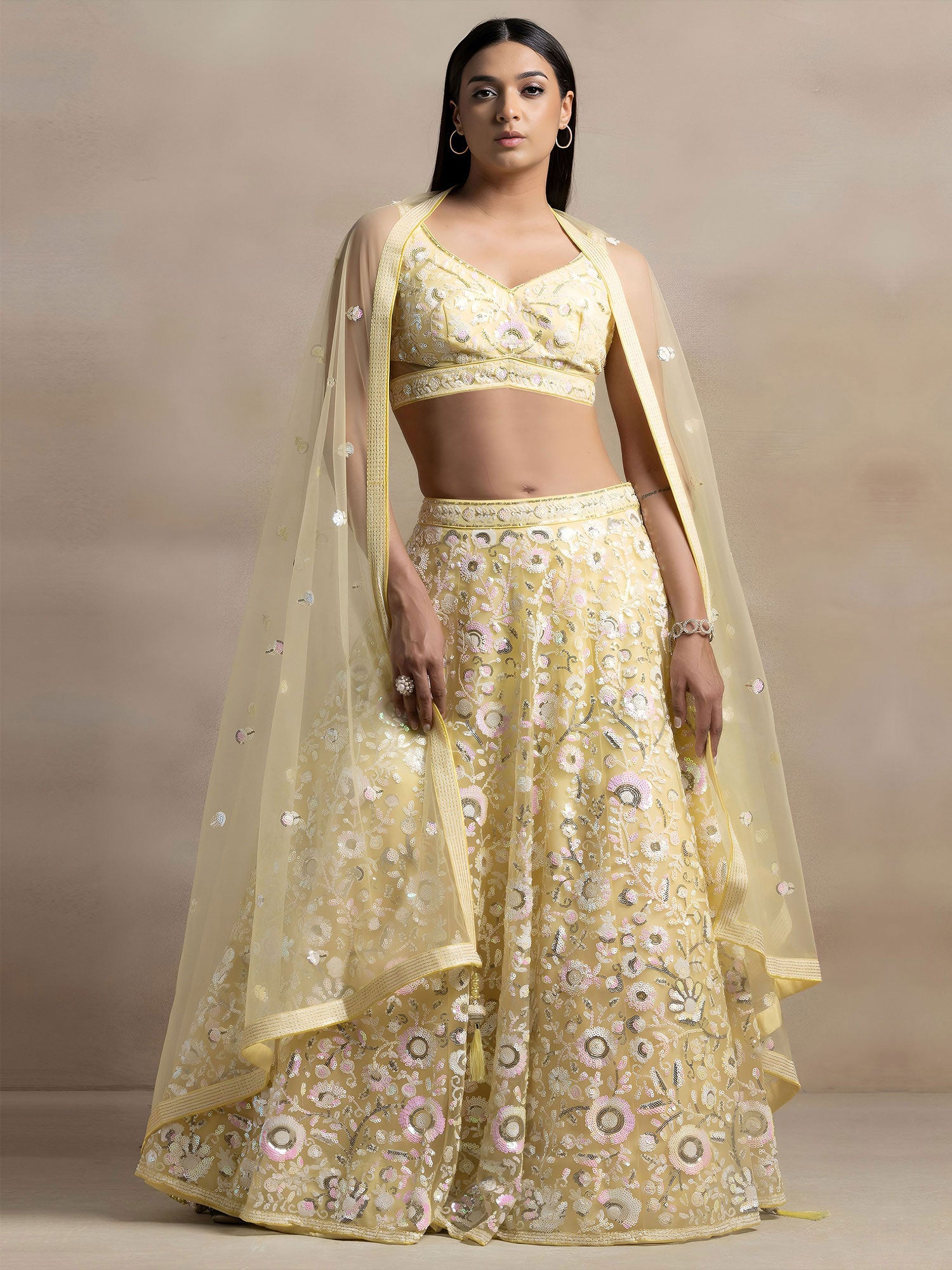 Yellow Thread Embroidered Net Lehenga Set