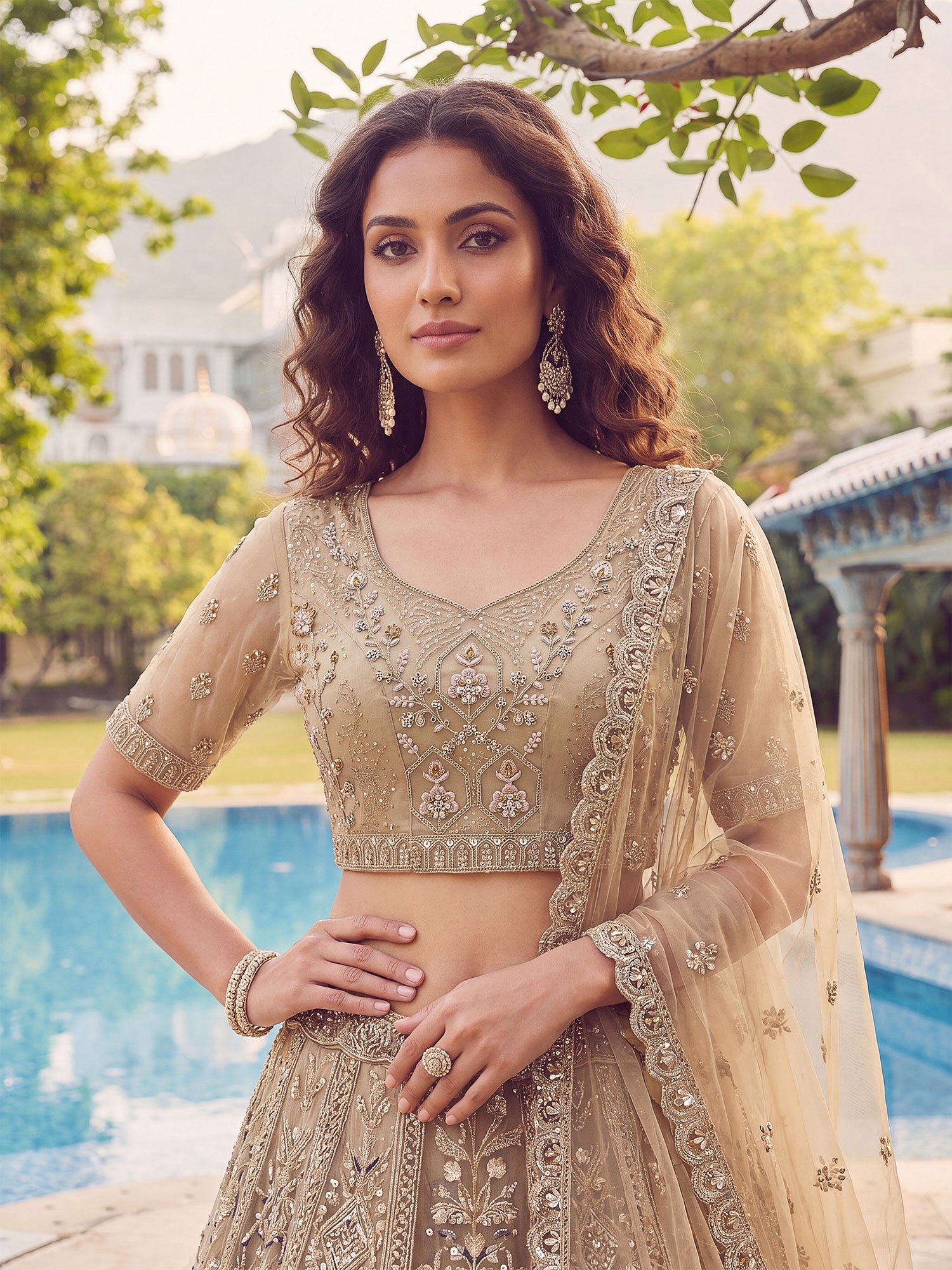 Beige Thread Work Bridesmaid Lehenga Choli