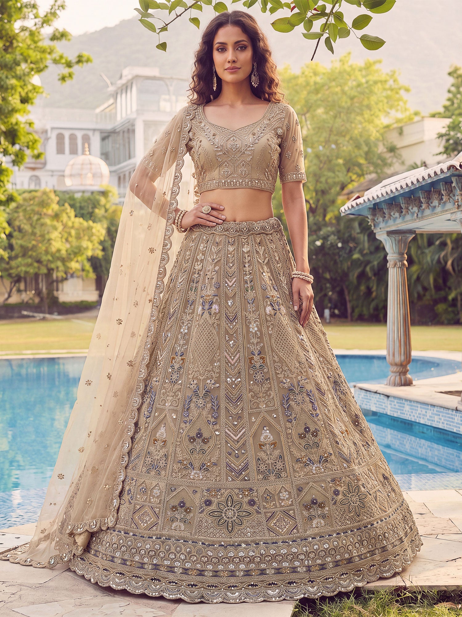 Beige Thread Work Bridesmaid Lehenga Choli