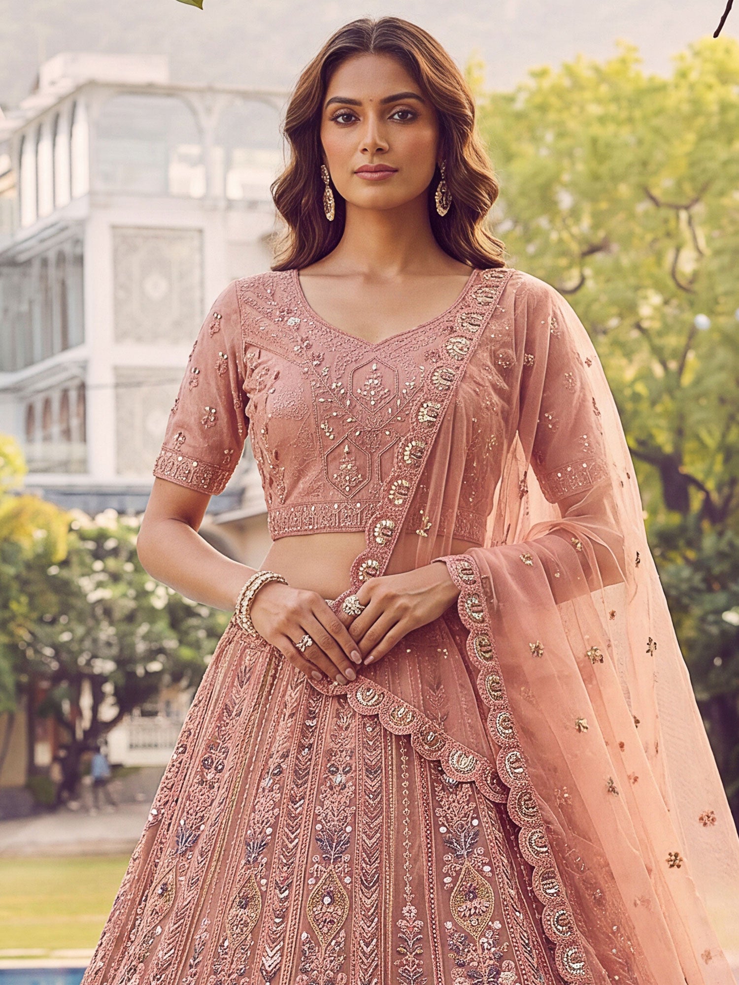 Pink Net Lehenga Set In Thread Embroidery